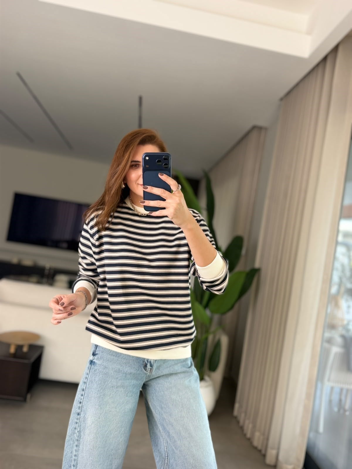 Lacivert Bisiklet Yaka Üç İplik Çizgili Sweatshırt