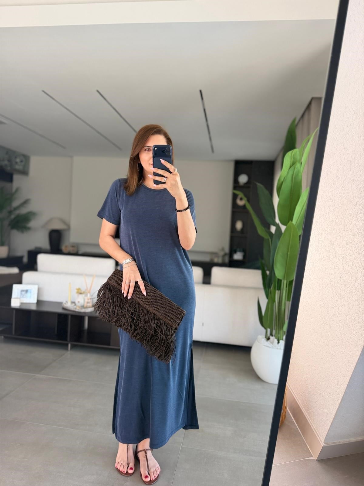 Lacivert  Bisiklet Yaka Yırtmaçlı Pike Elbise