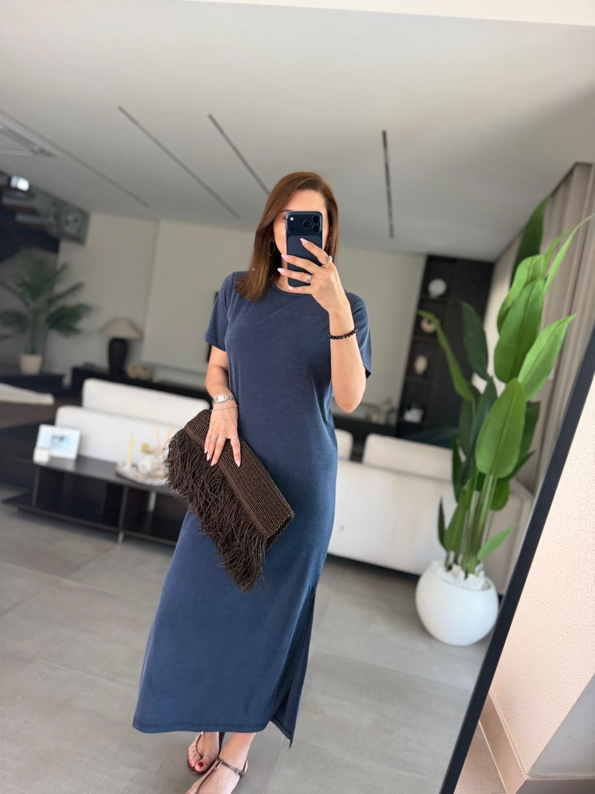 Lacivert  Bisiklet Yaka Yırtmaçlı Pike Elbise
