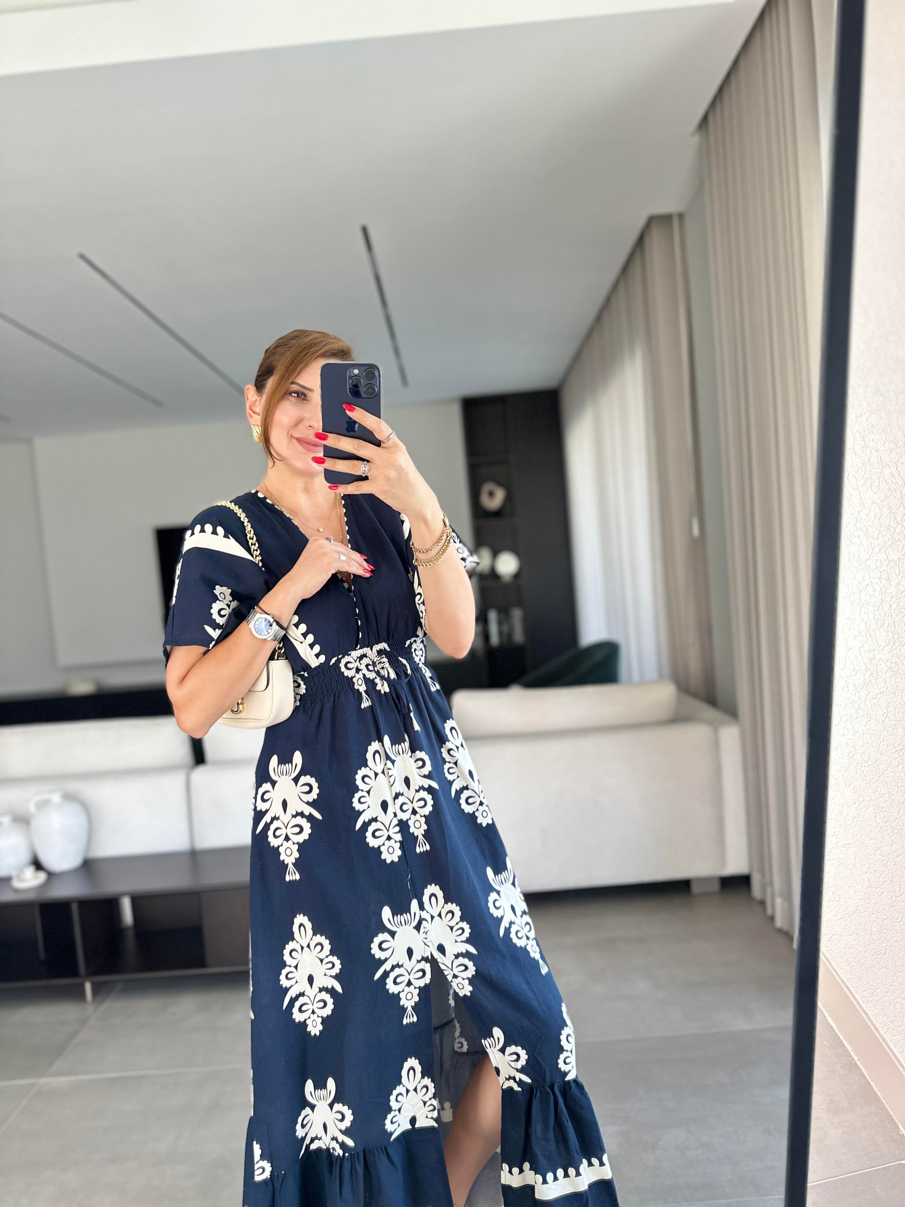Lacivert Bonna Yırtmaç Detaylı Desenli Elbise