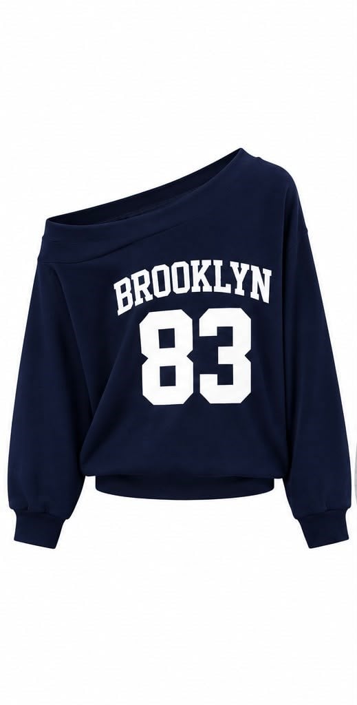 Lacivert Brooklyn Baskılı Kayık Yaka Sweatshırt