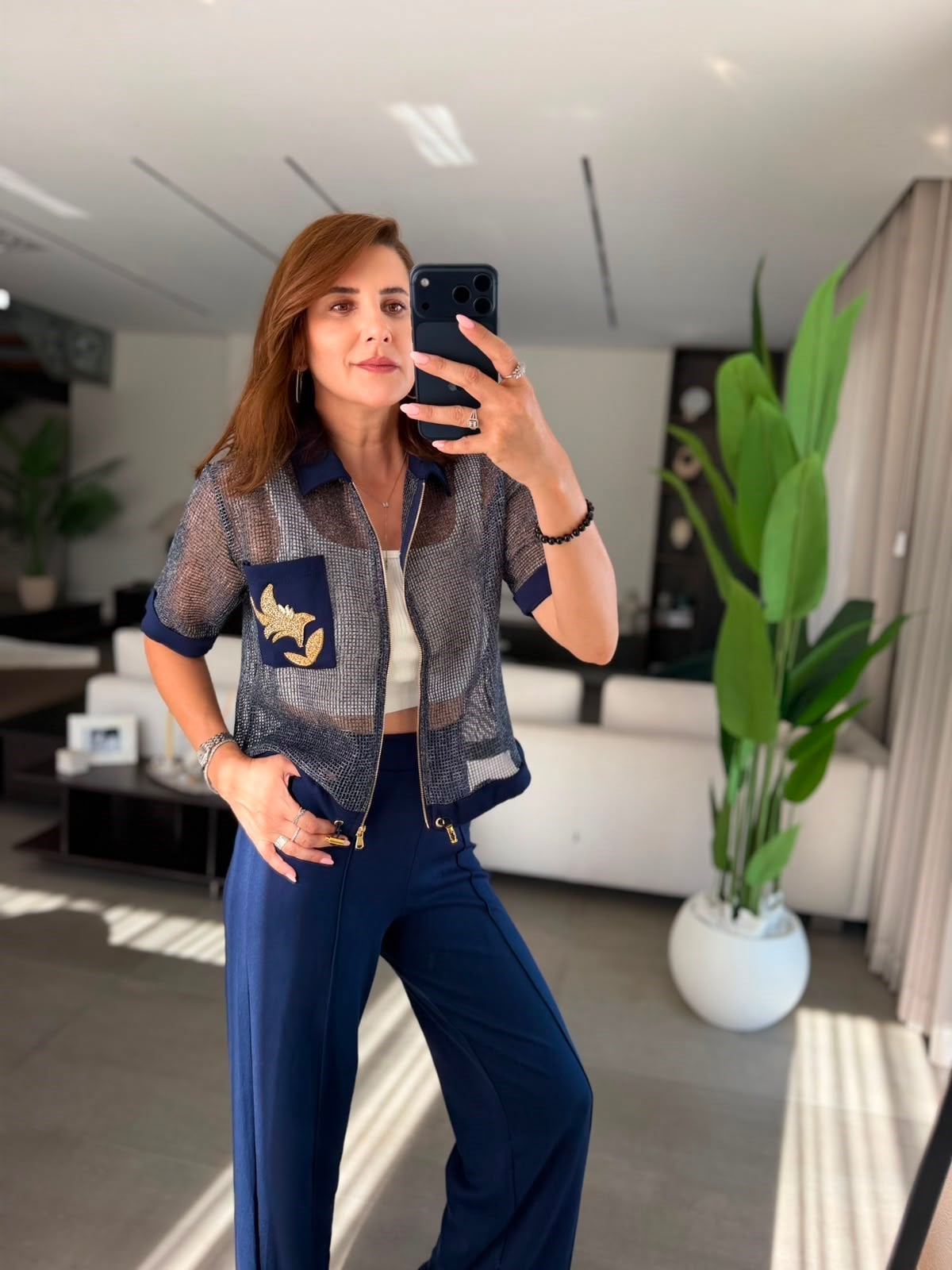 Lacivert Cebi Nakışlı File Ceket Takım