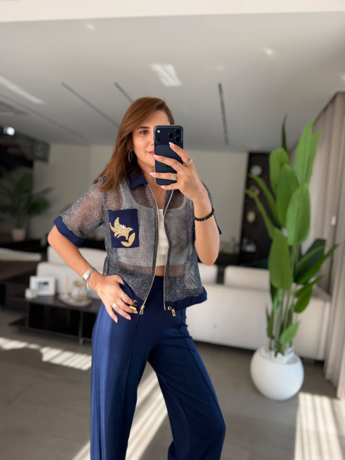Lacivert Cebi Nakışlı File Ceket Takım
