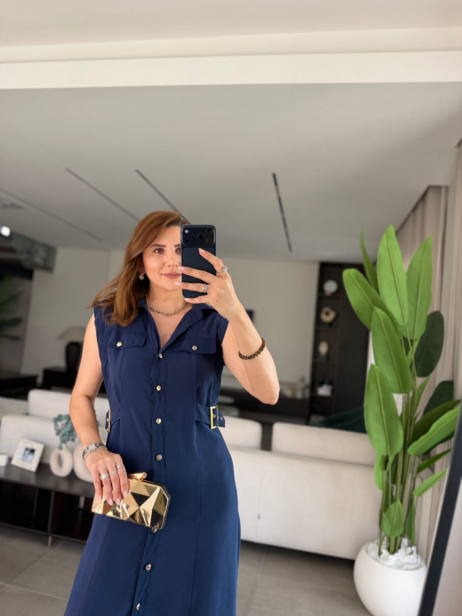 Lacivert Cep Kapaklı Önü Düğmeli Elbise