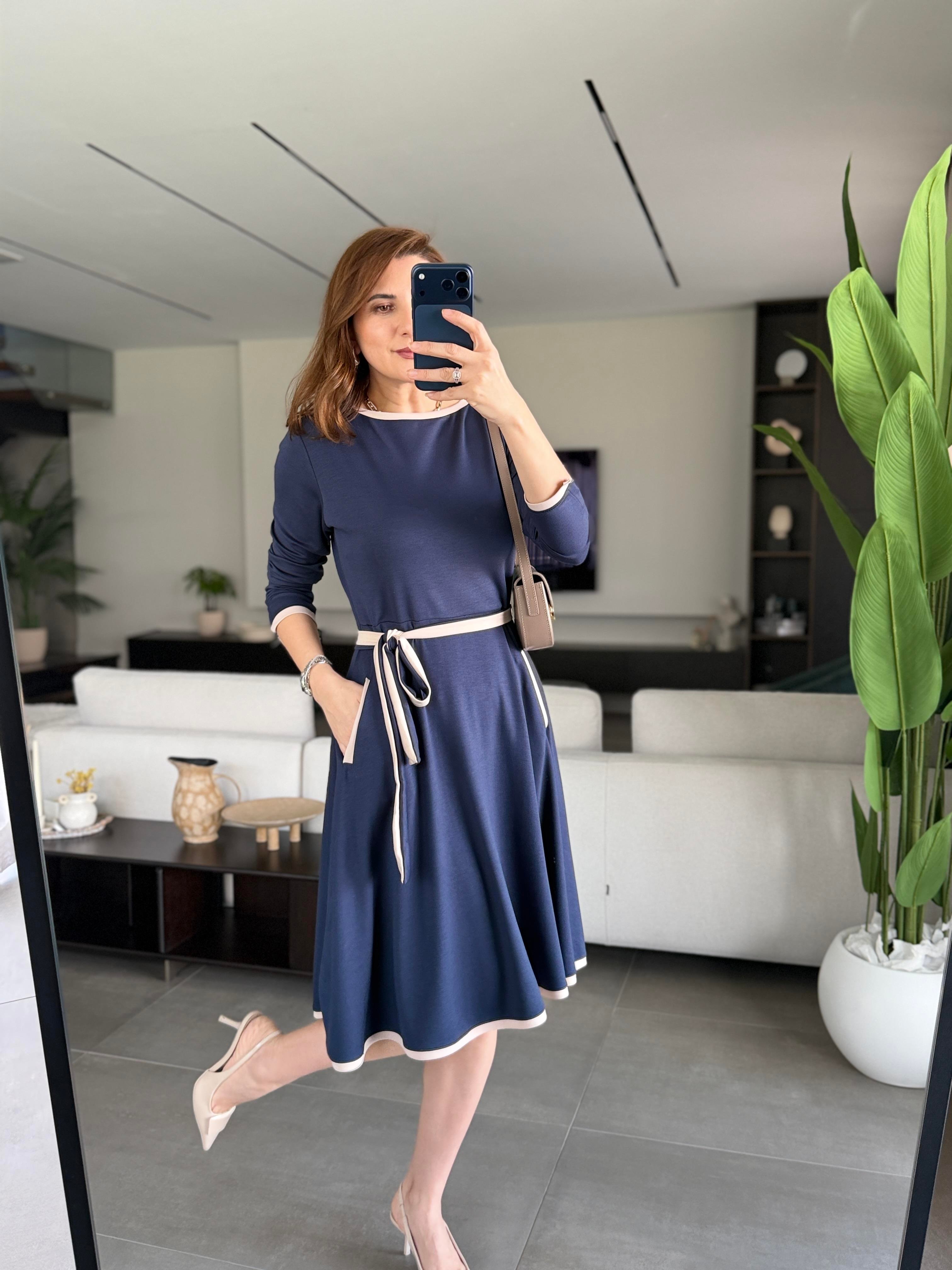 Lacivert Cepli Kuşaklı Modal Elbise