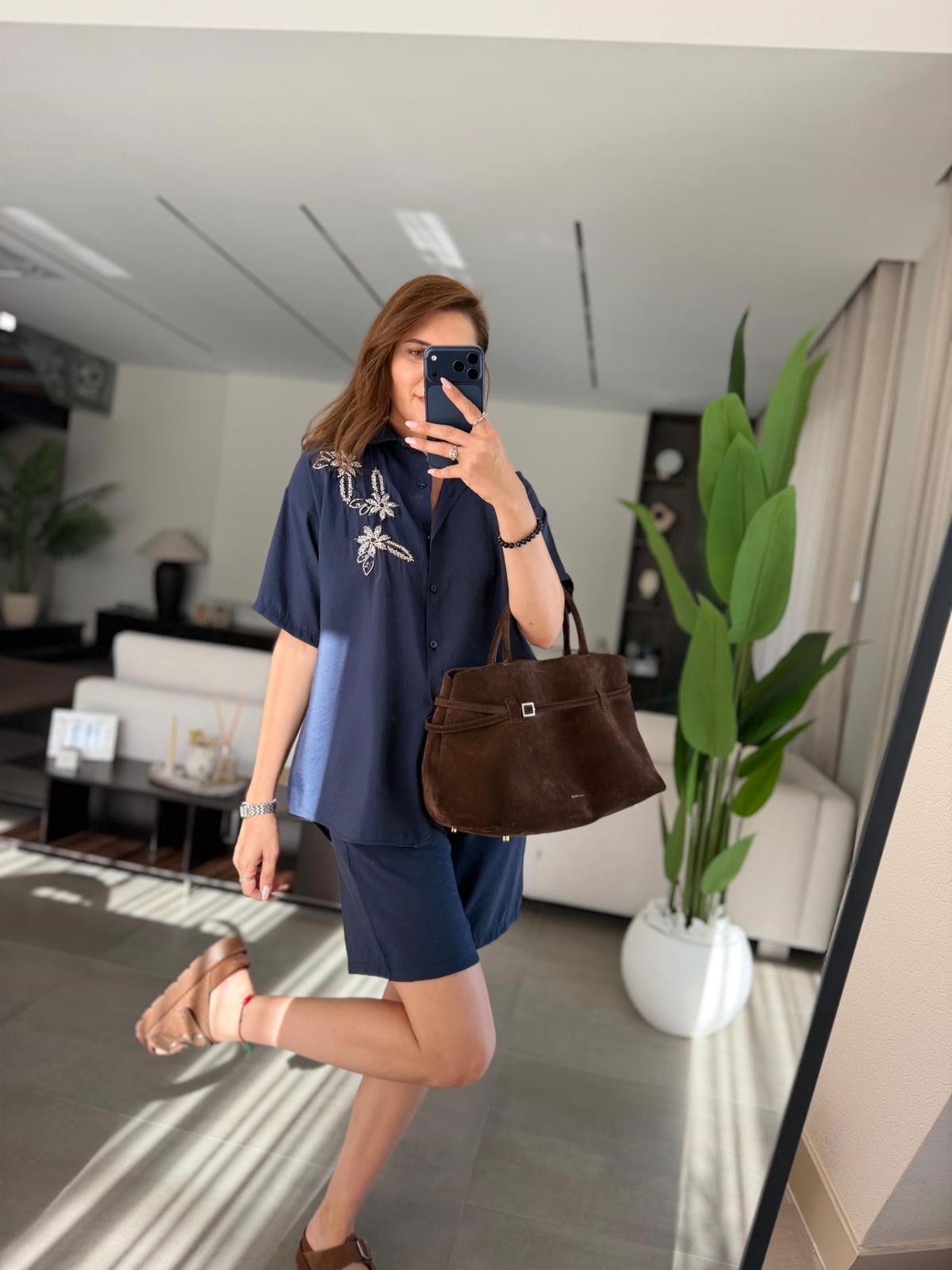 Lacivert Çiçek Taşlı Tencel Şort Takım