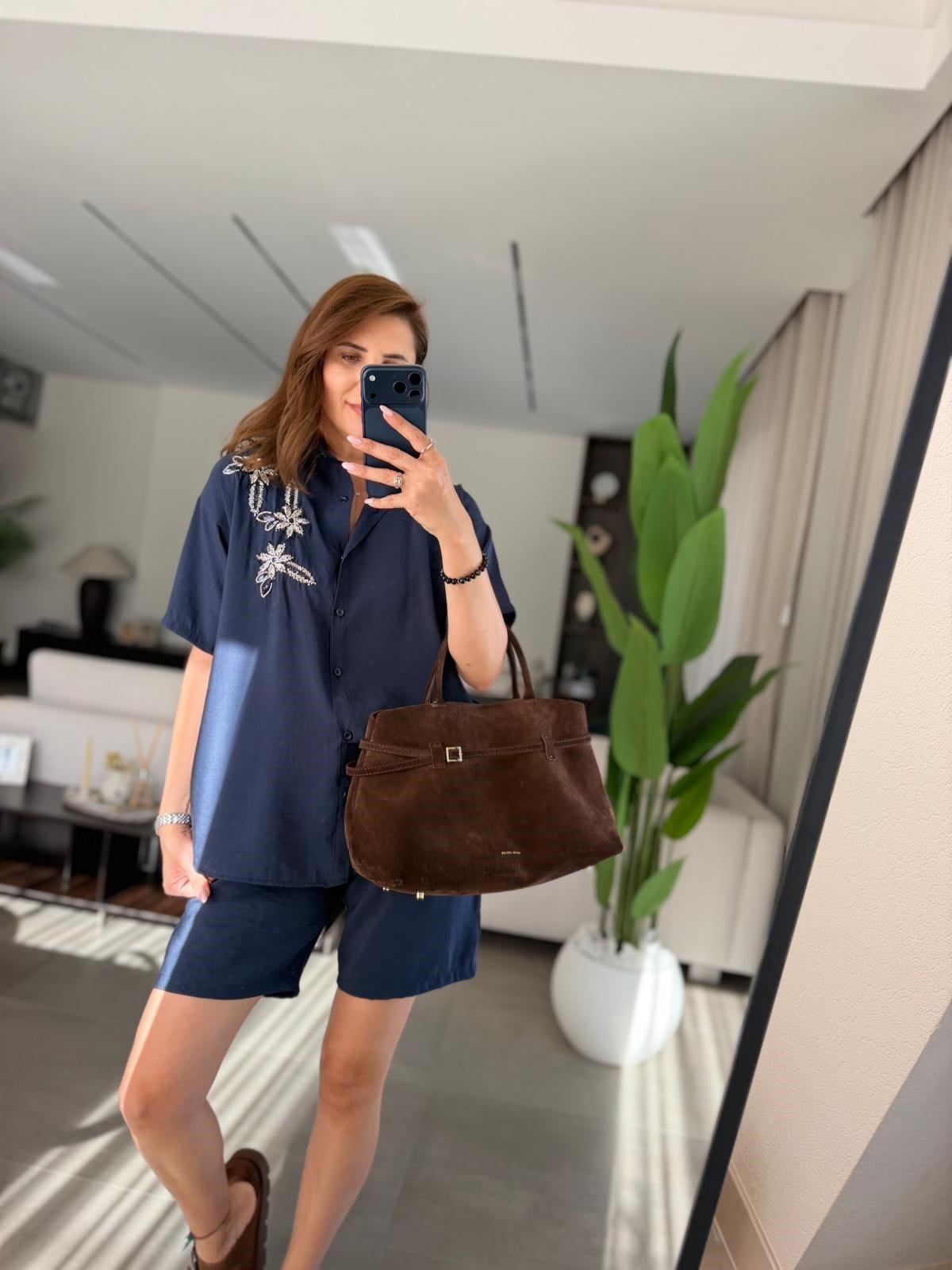 Lacivert Çiçek Taşlı Tencel Şort Takım