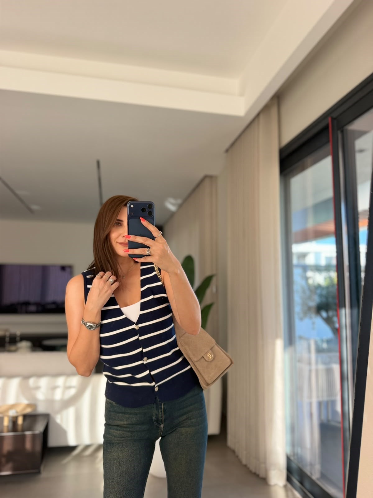 Lacivert Düğme Detaylı Çizgili Triko Yelek
