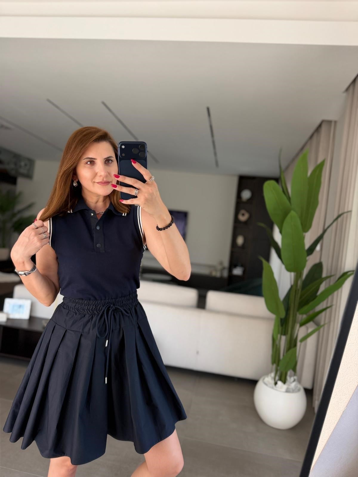 Lacivert Eteği Garnili Polo Yaka Elbise