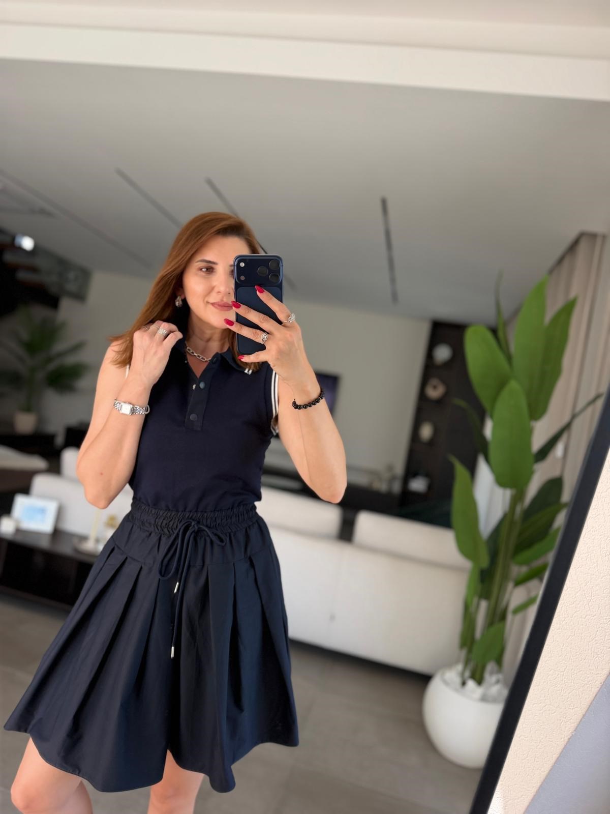 Lacivert Eteği Garnili Polo Yaka Elbise
