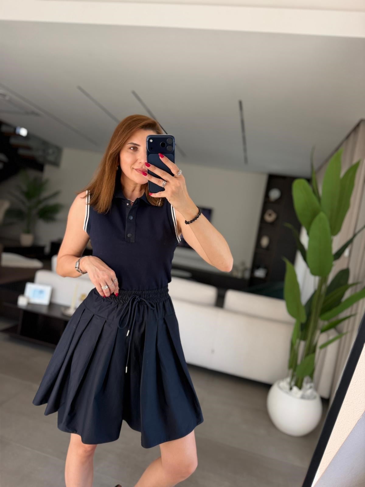 Lacivert Eteği Garnili Polo Yaka Elbise