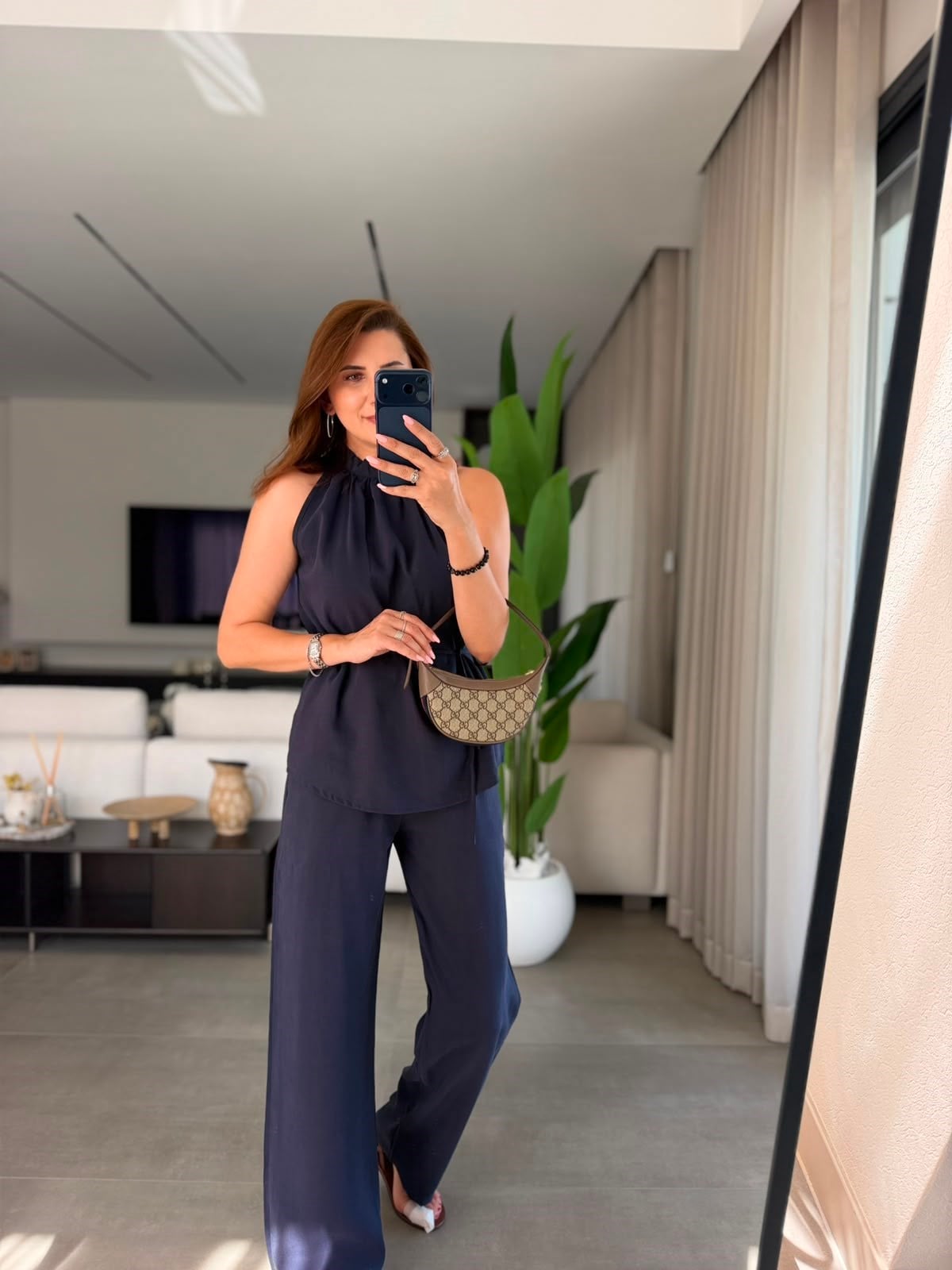 Lacivert Halter Yaka Bluz Pantolon Takım