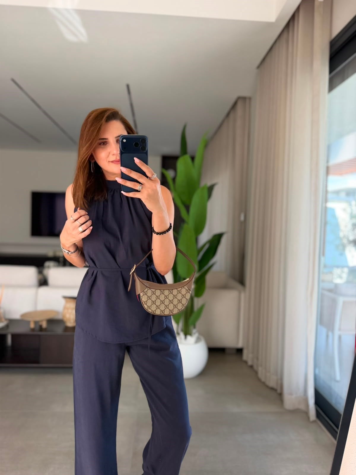Lacivert Halter Yaka Bluz Pantolon Takım
