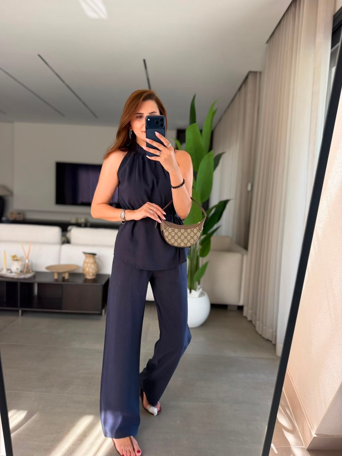 Lacivert Halter Yaka Bluz Pantolon Takım