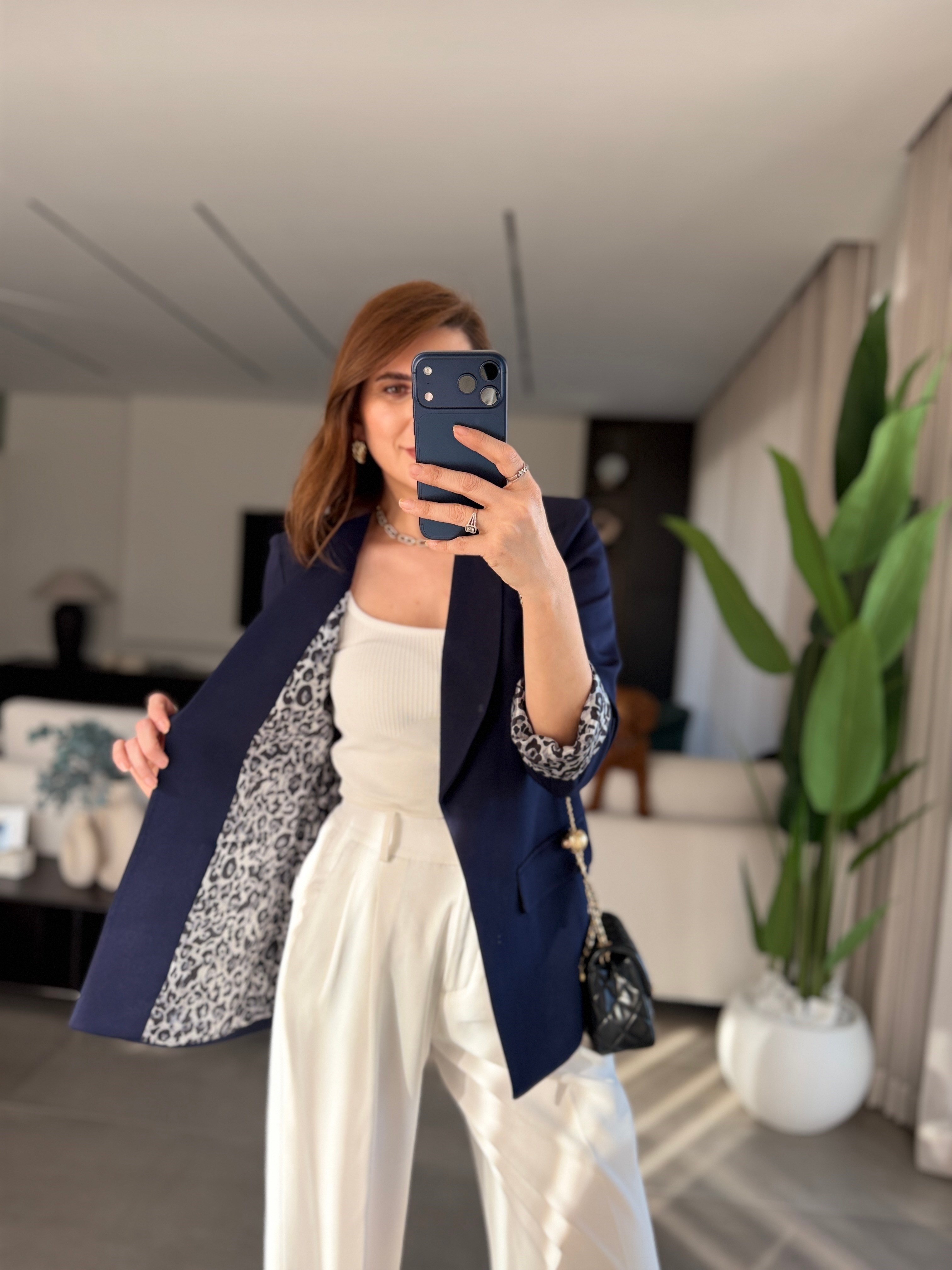 Lacivert İçi Leopar Desen Blazer Ceket(Büyük Bedene Uyumlu)