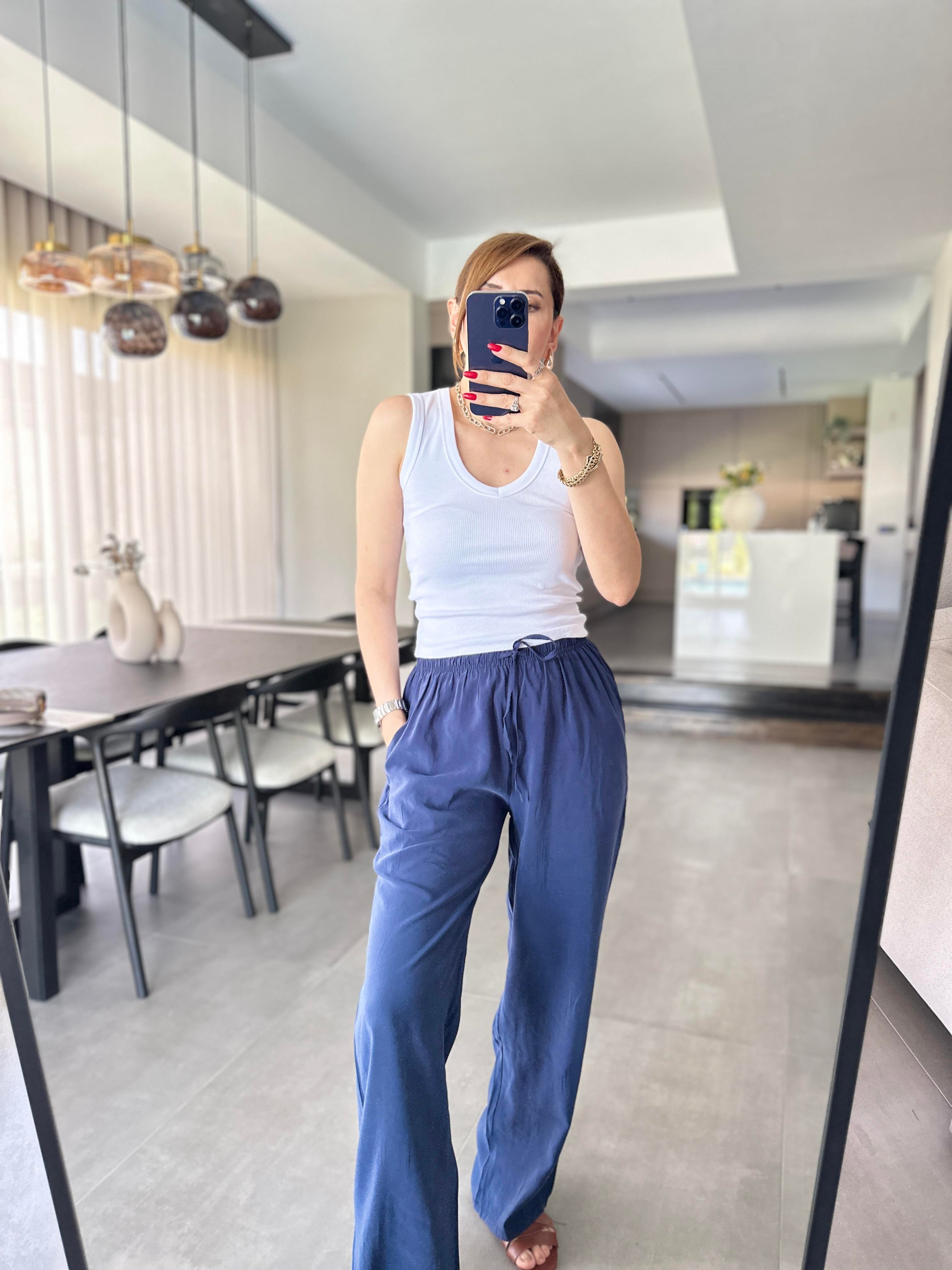 Lacivert İnce Kemerli Mas Pantolon