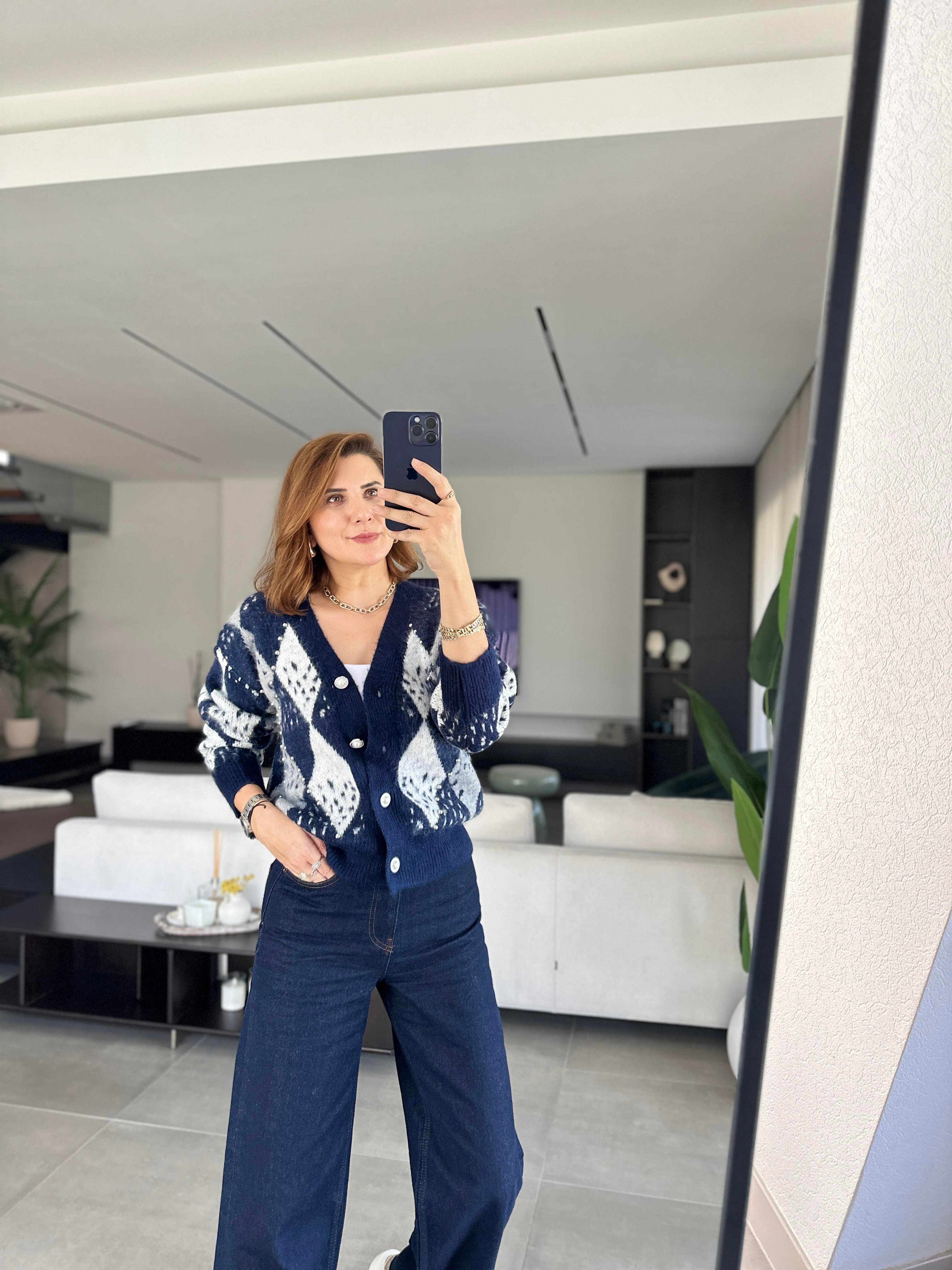 Lacivert İncili Taşlı Premium Hırka
