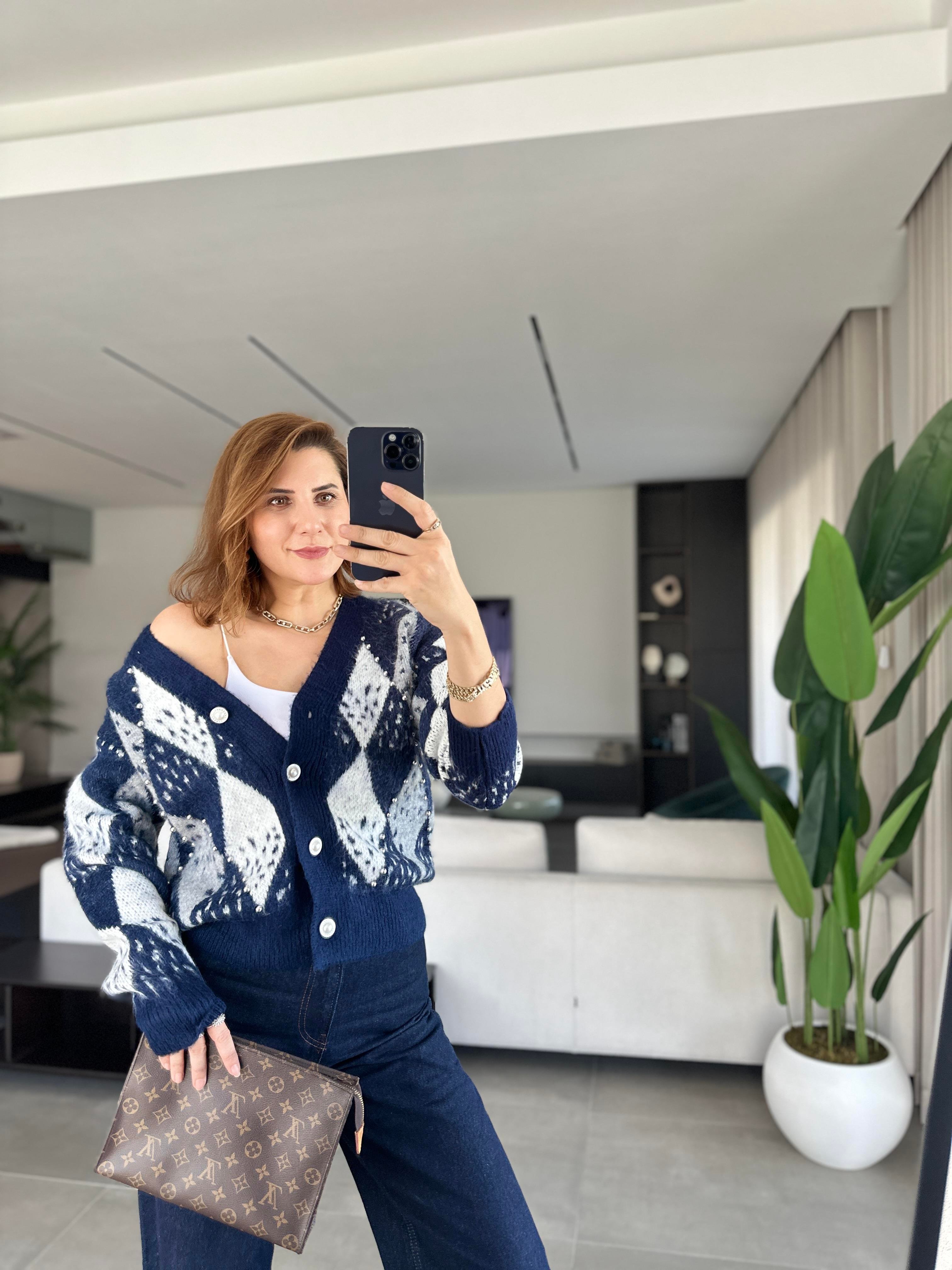 Lacivert İncili Taşlı Premium Hırka