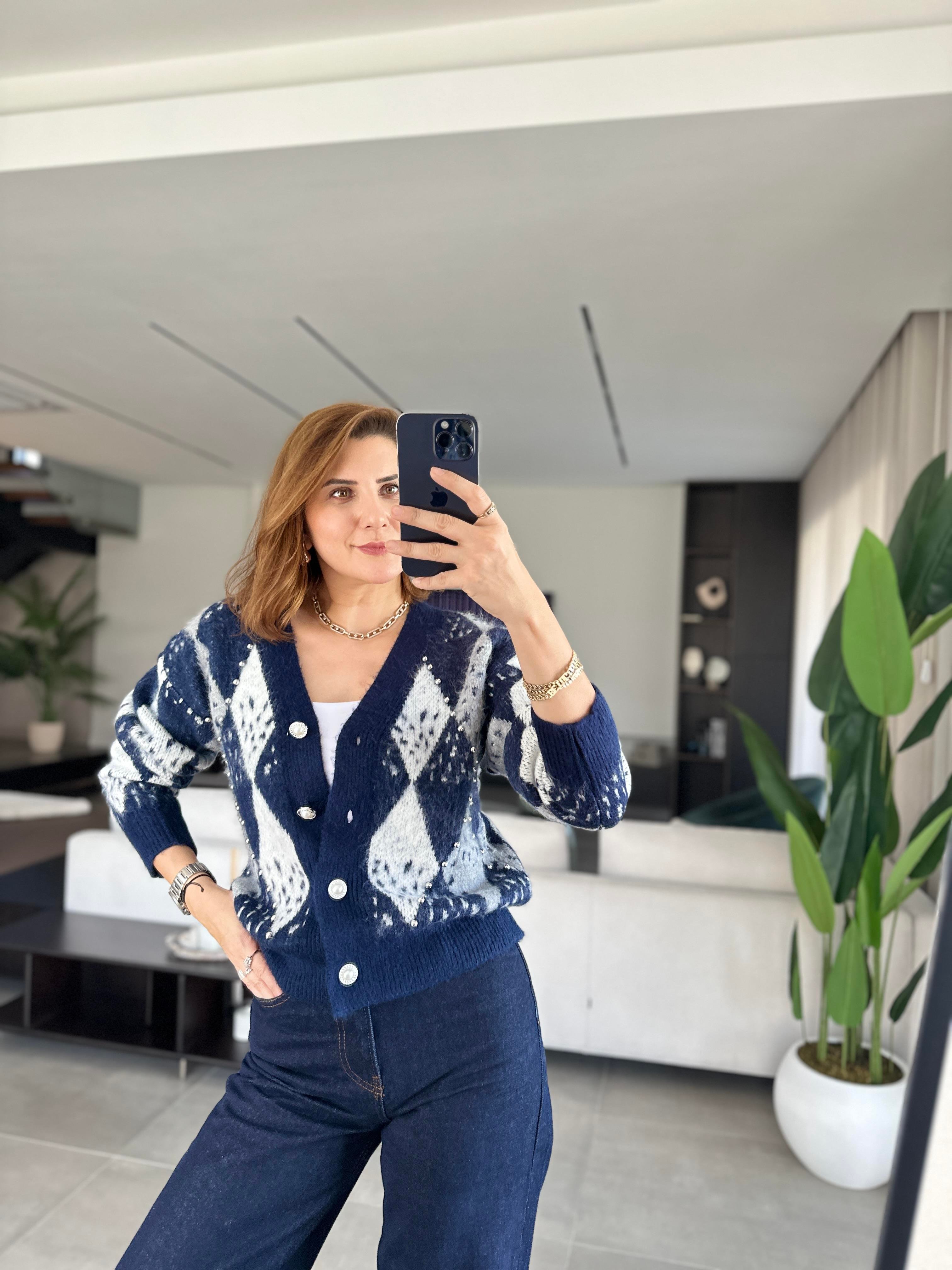 Lacivert İncili Taşlı Premium Hırka