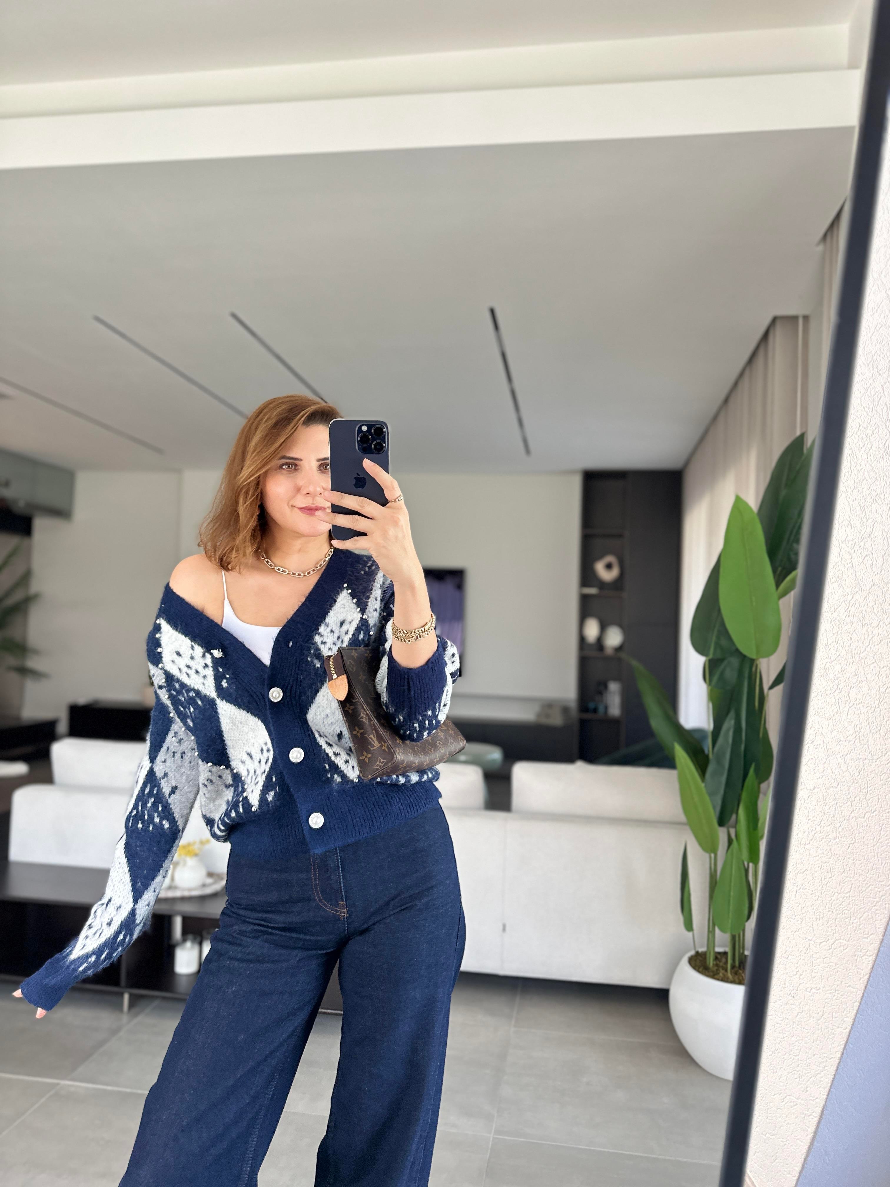 Lacivert İncili Taşlı Premium Hırka