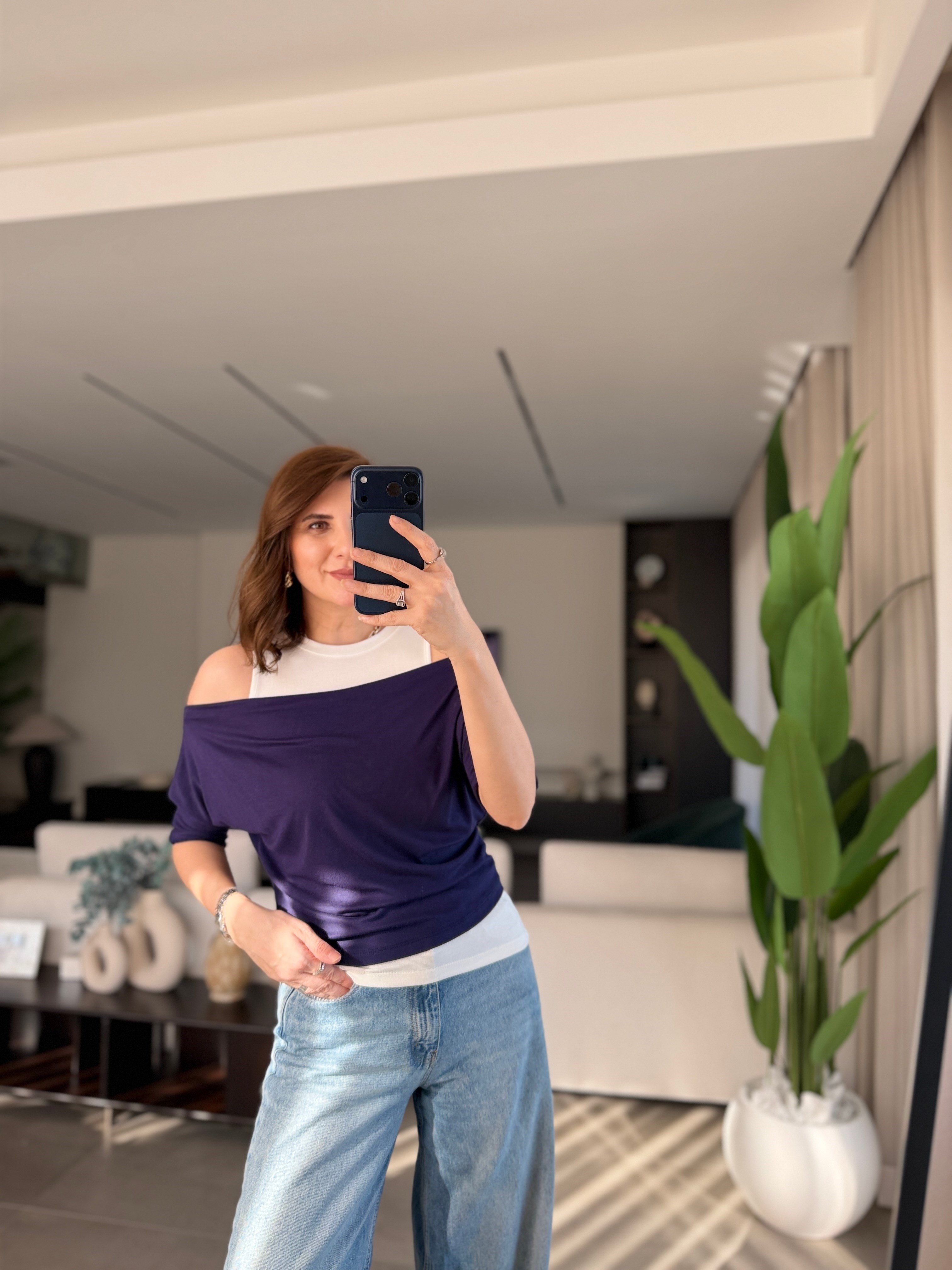 Lacivert Kayık Yaka Atletli Bluz