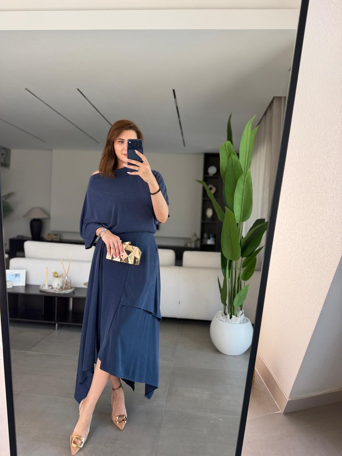 Lacivert Kayık Yaka Parçalı Etek Pike Takım