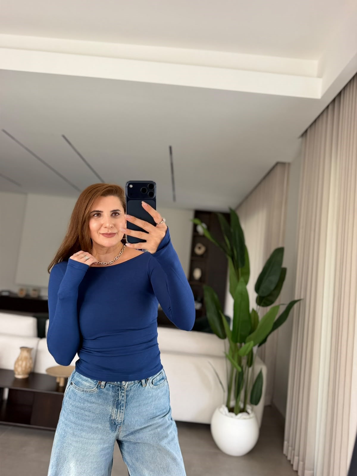 Lacivert  Kayık Yaka Parmak Geçmeli Bluz