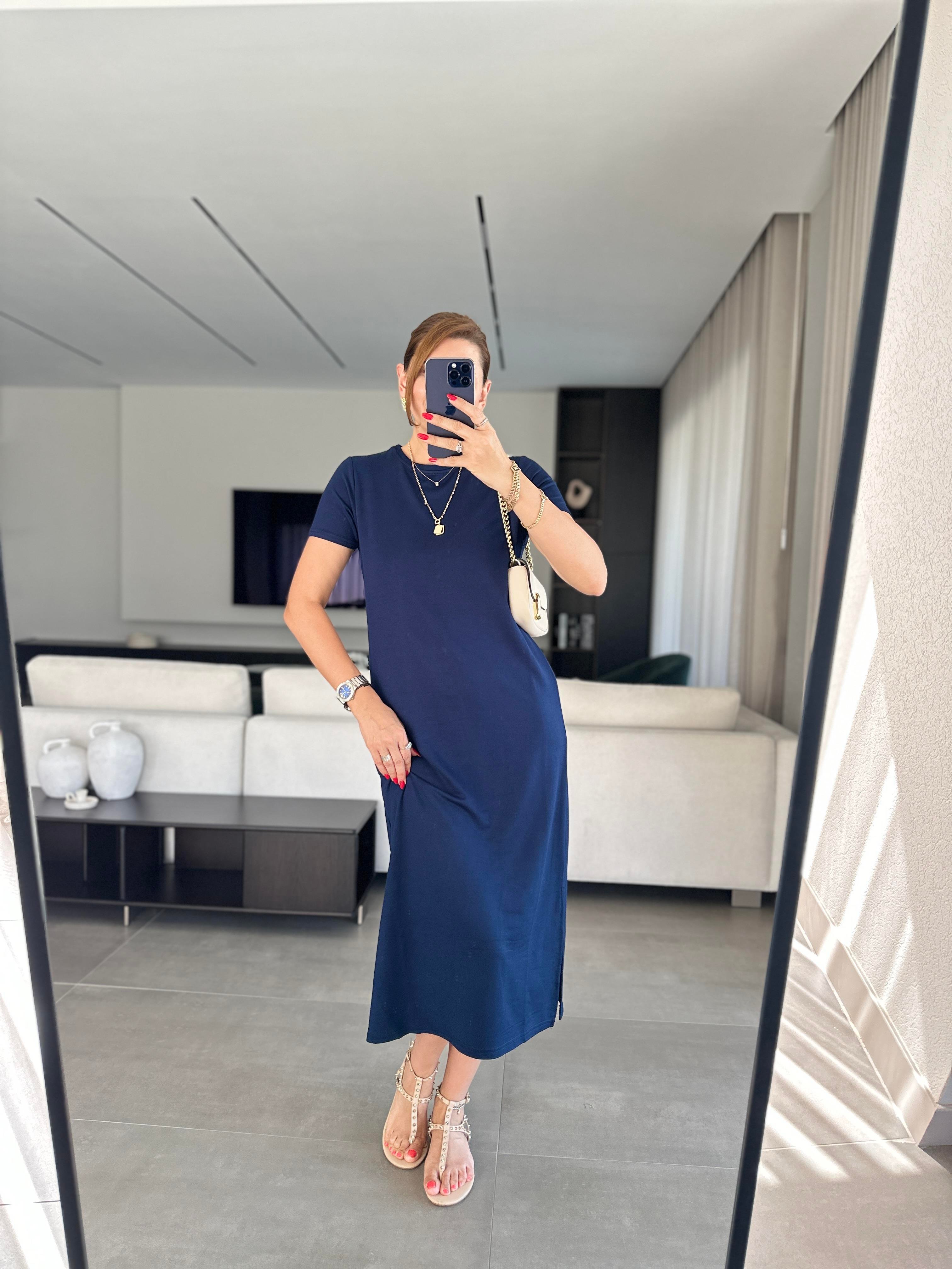 Lacivert Kısa Kollu Basic Yırtmaçlı Elbise
