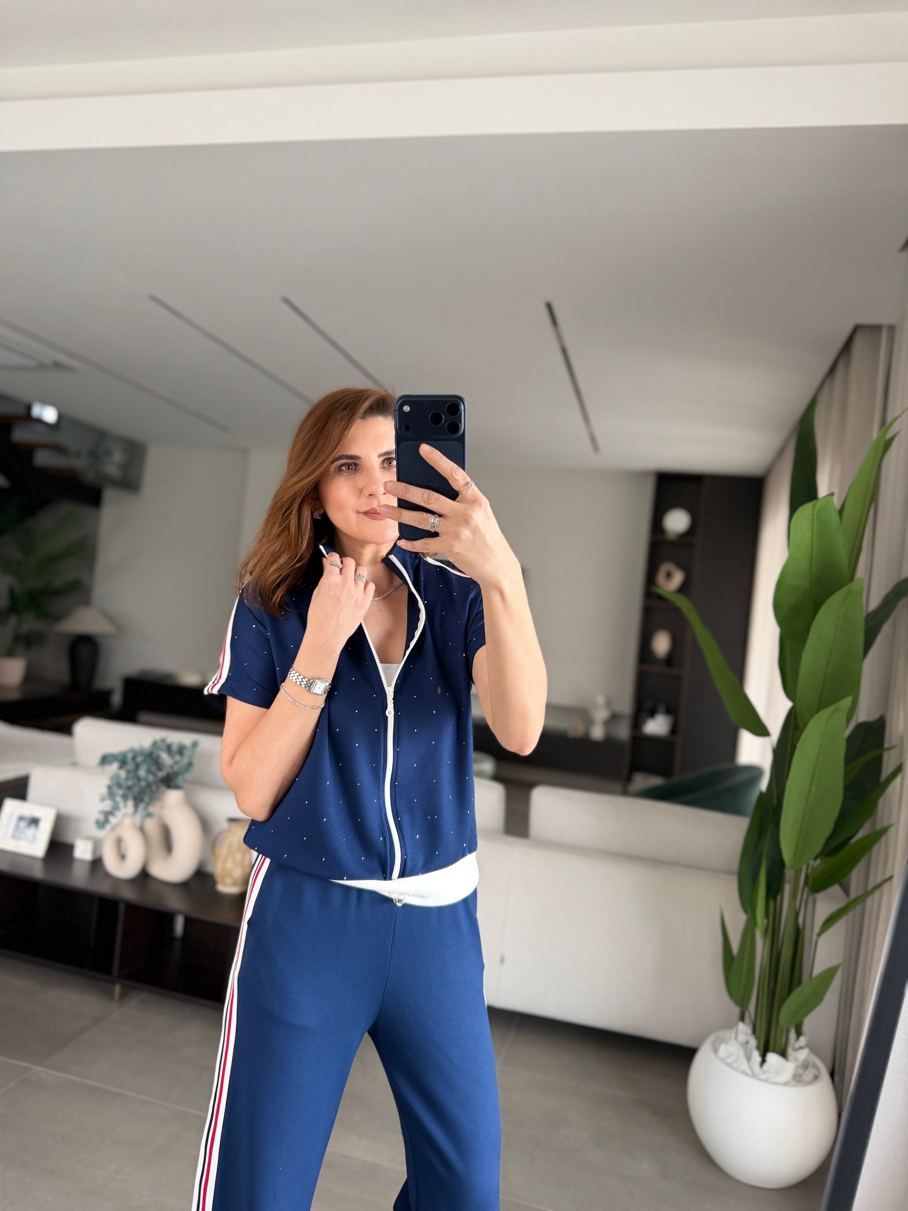 Lacivert Kısa Kollu Şerit Ve Taş Detaylı Takım