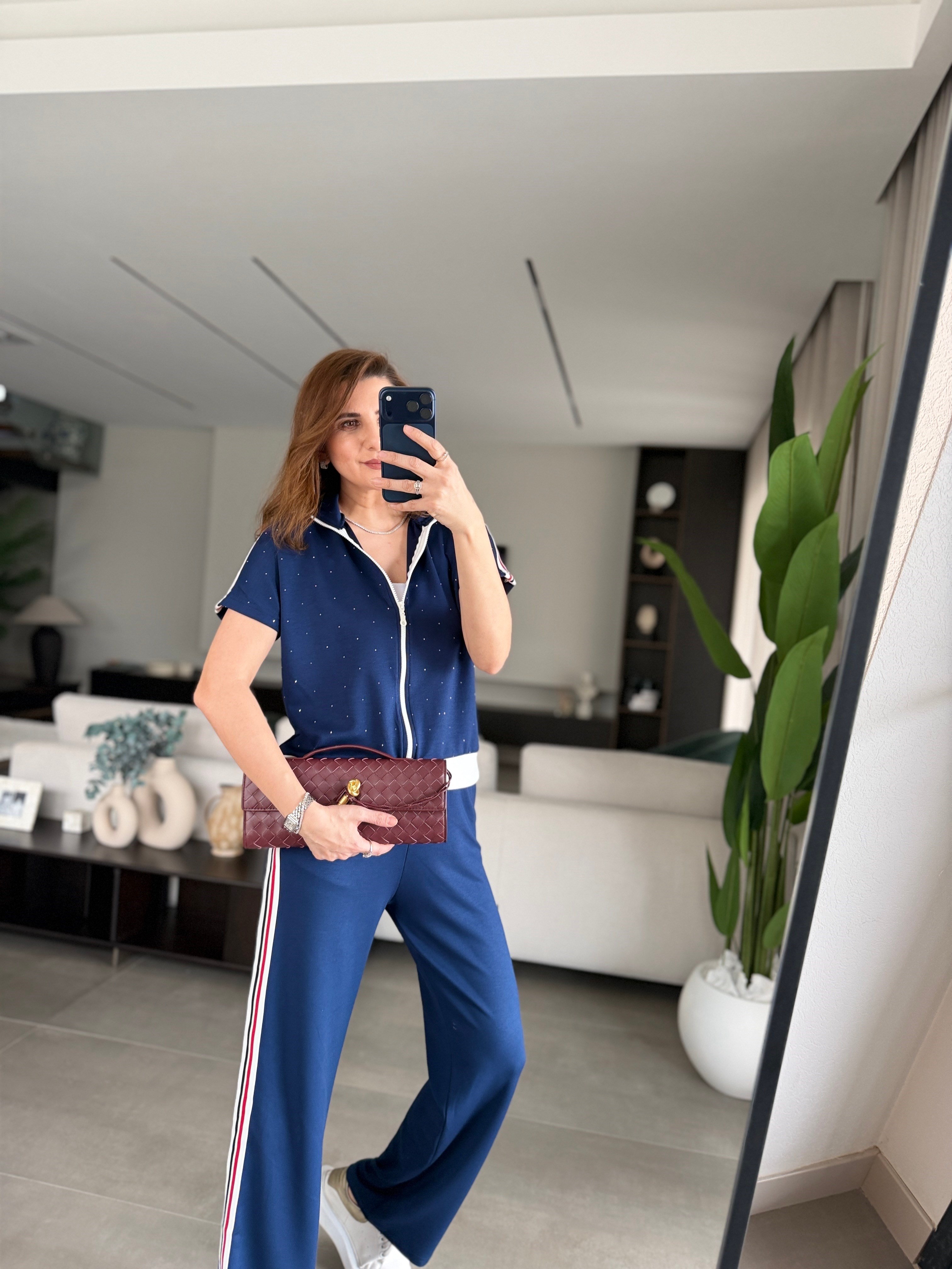 Lacivert Kısa Kollu Şerit Ve Taş Detaylı Takım