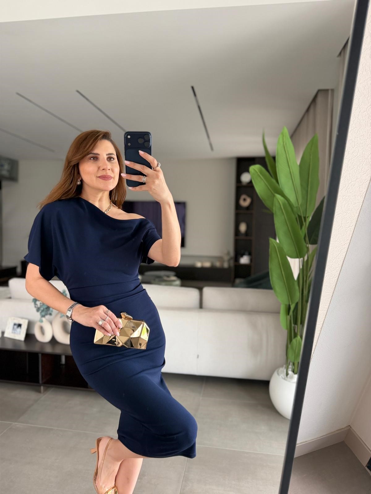 Lacivert Kısa Kollu Tek Omuz Midi Elbise