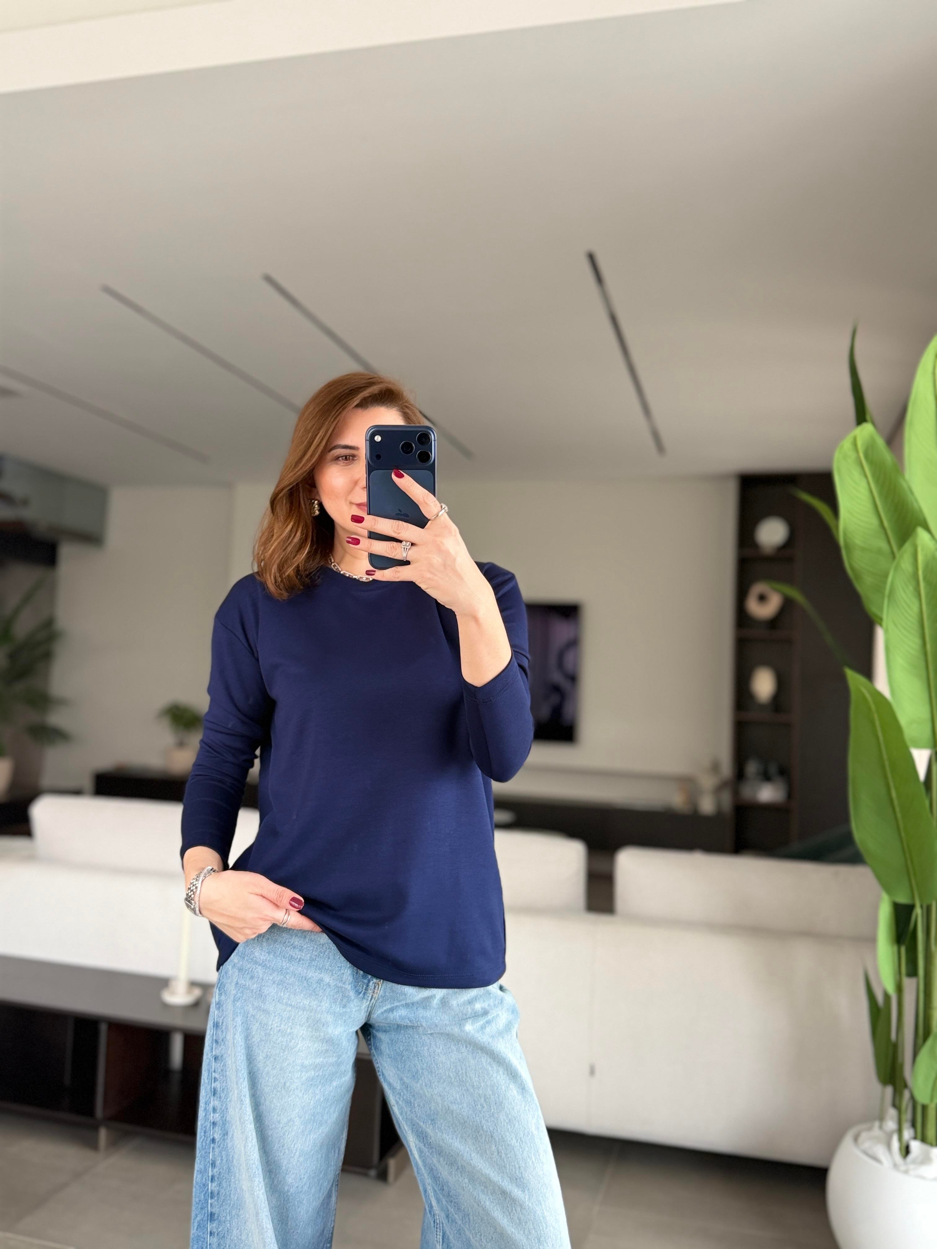 Lacivert Malta Bisiklet Yaka Basic Sweat