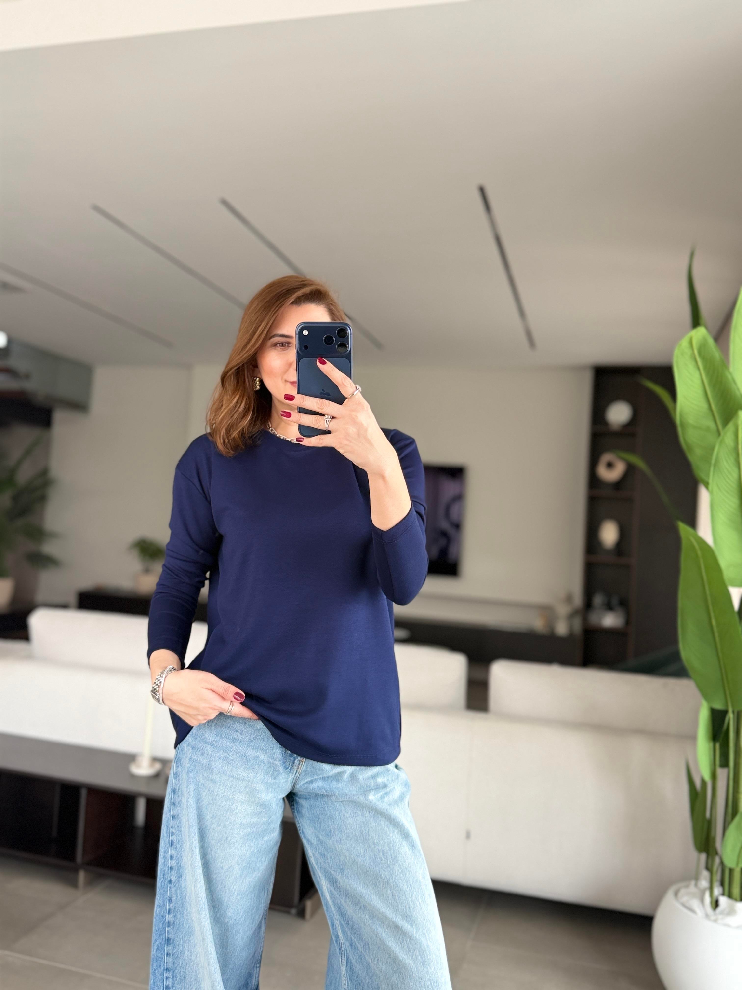 Lacivert Malta Bisiklet Yaka Basic Sweat