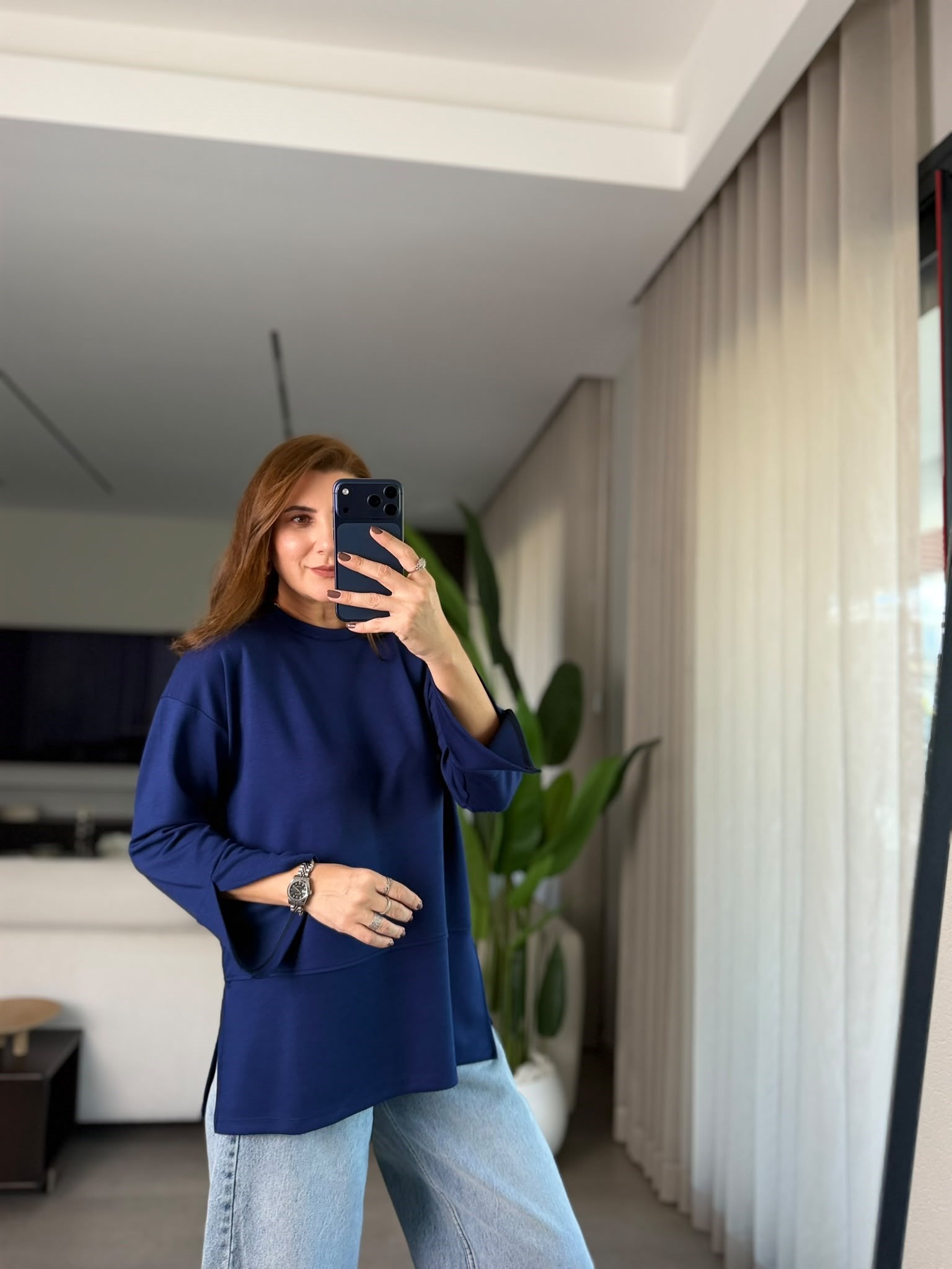 Lacivert Manşet Yırtmaçlı Sweatshırt