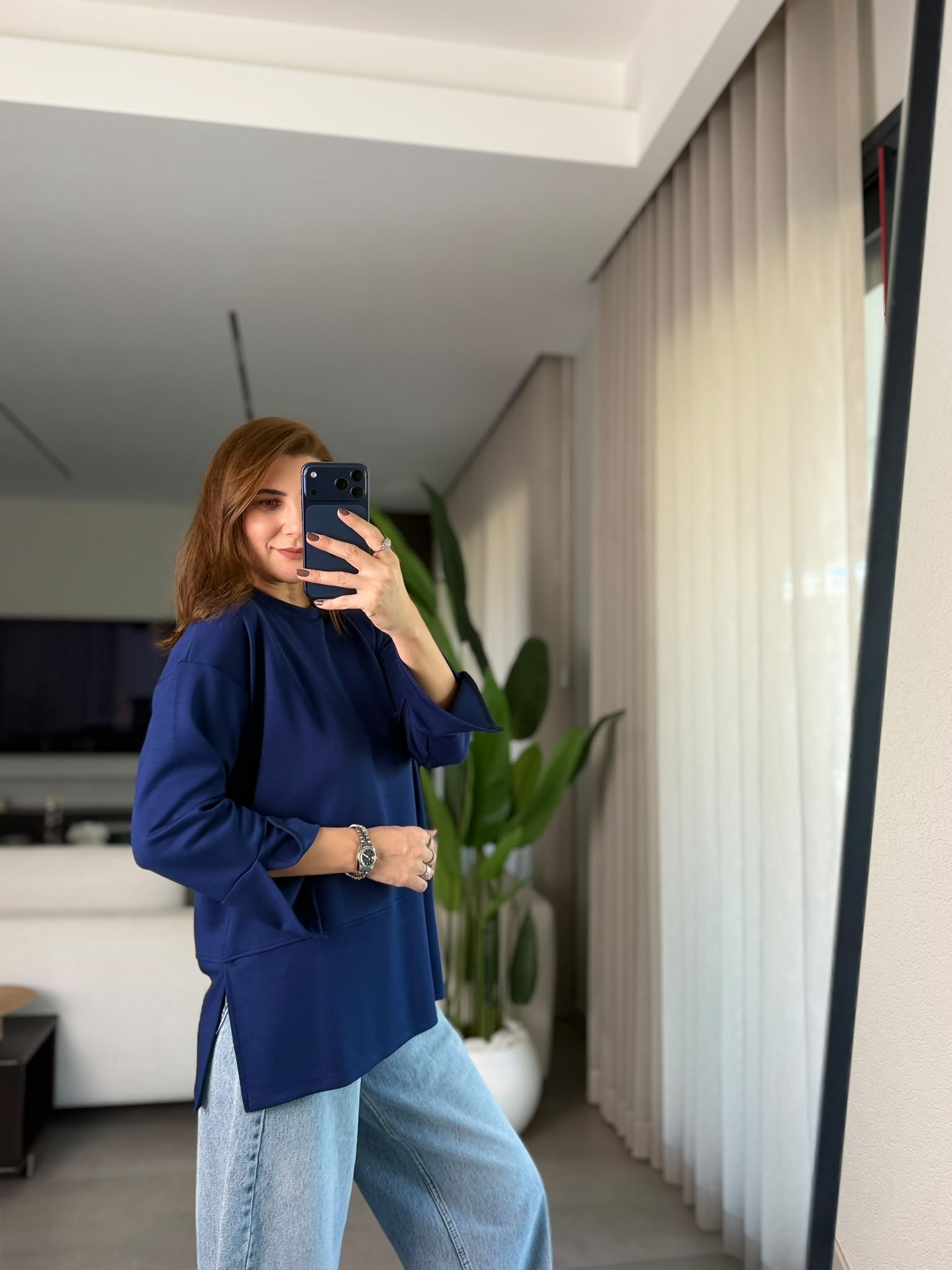 Lacivert Manşet Yırtmaçlı Sweatshırt