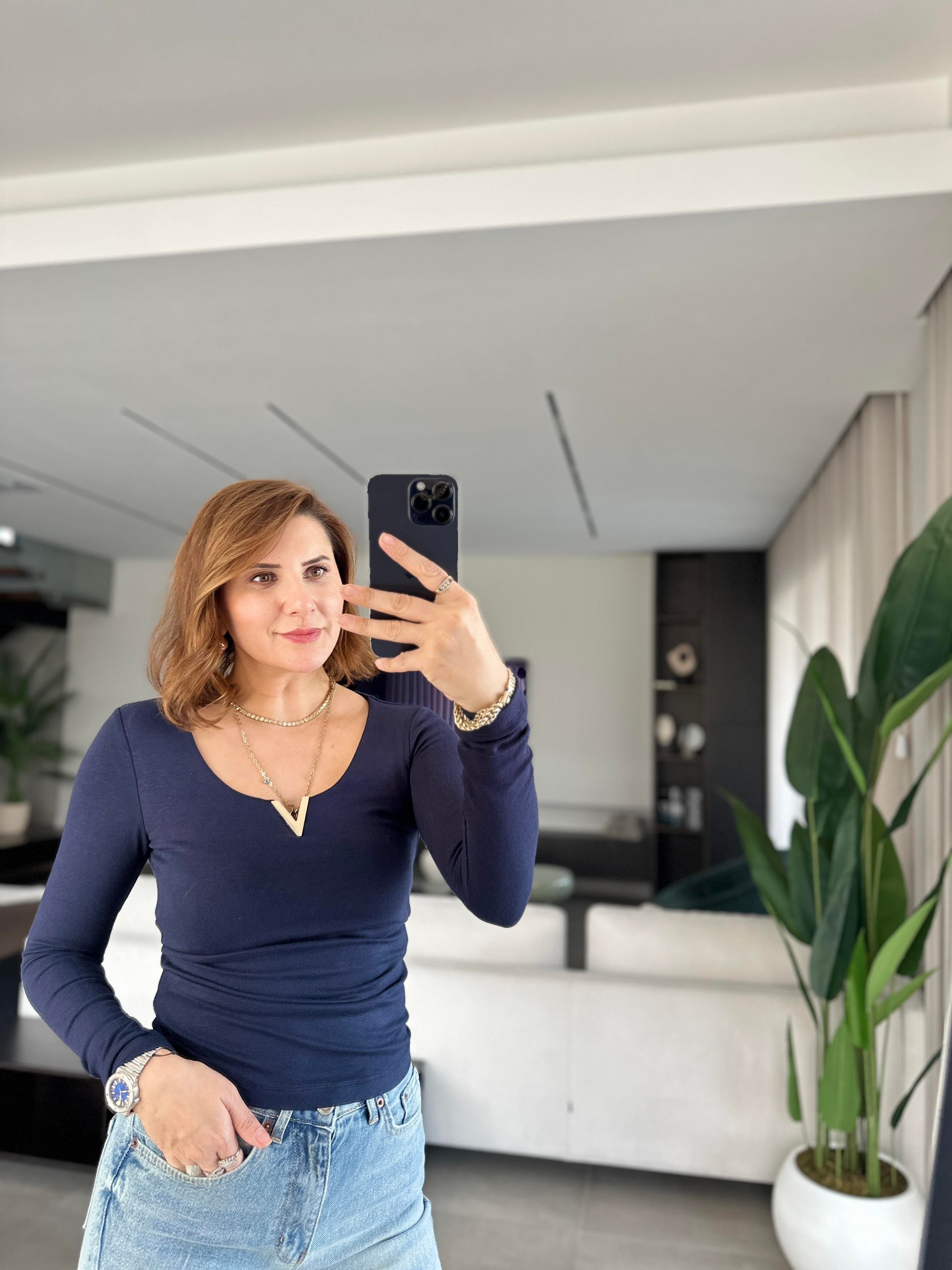Lacivert Mass Uzun Kol V Demirli Bluz