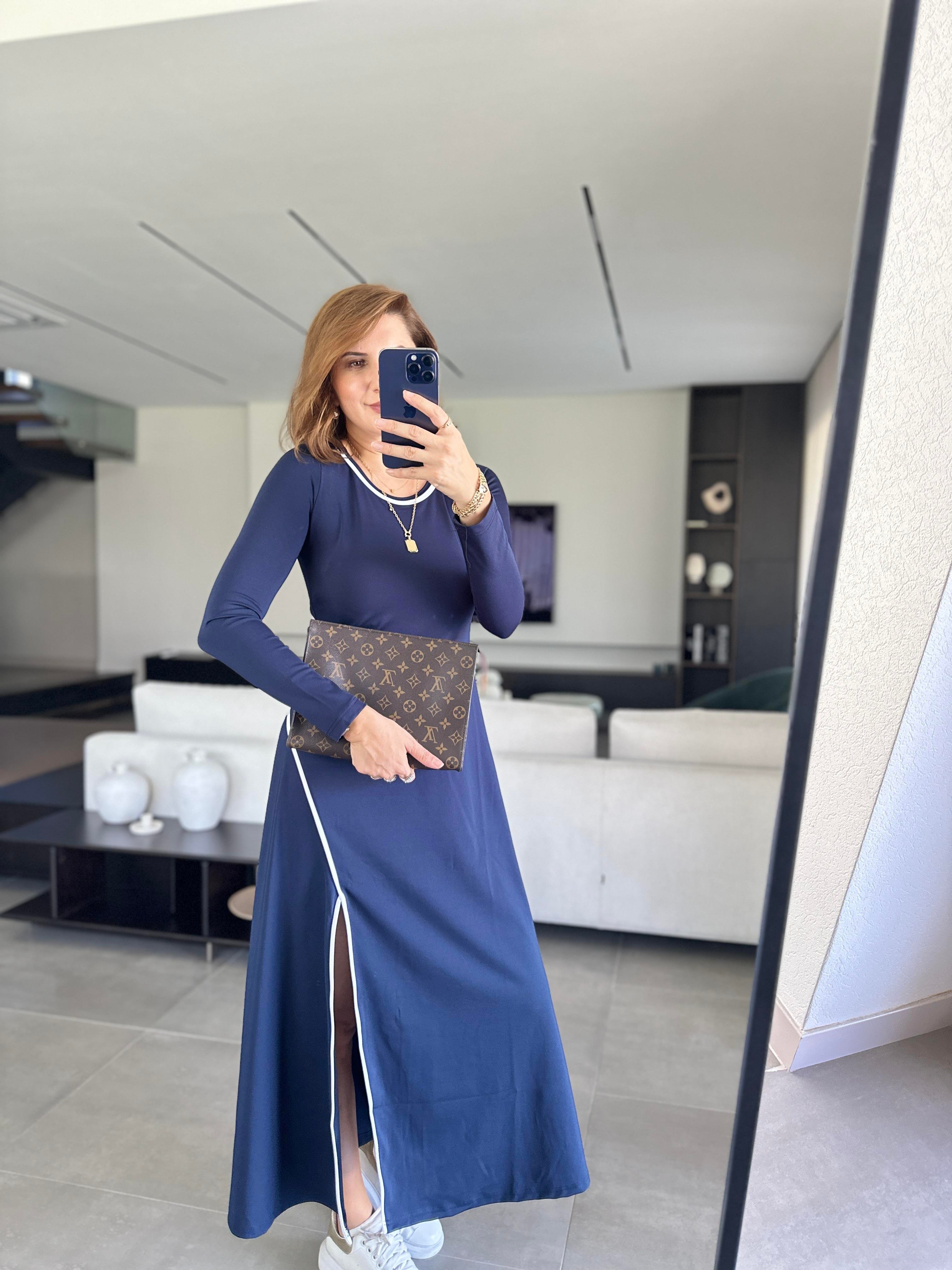 Lacivert Modal Biye Detaylı Yırtmaçlı Elbise