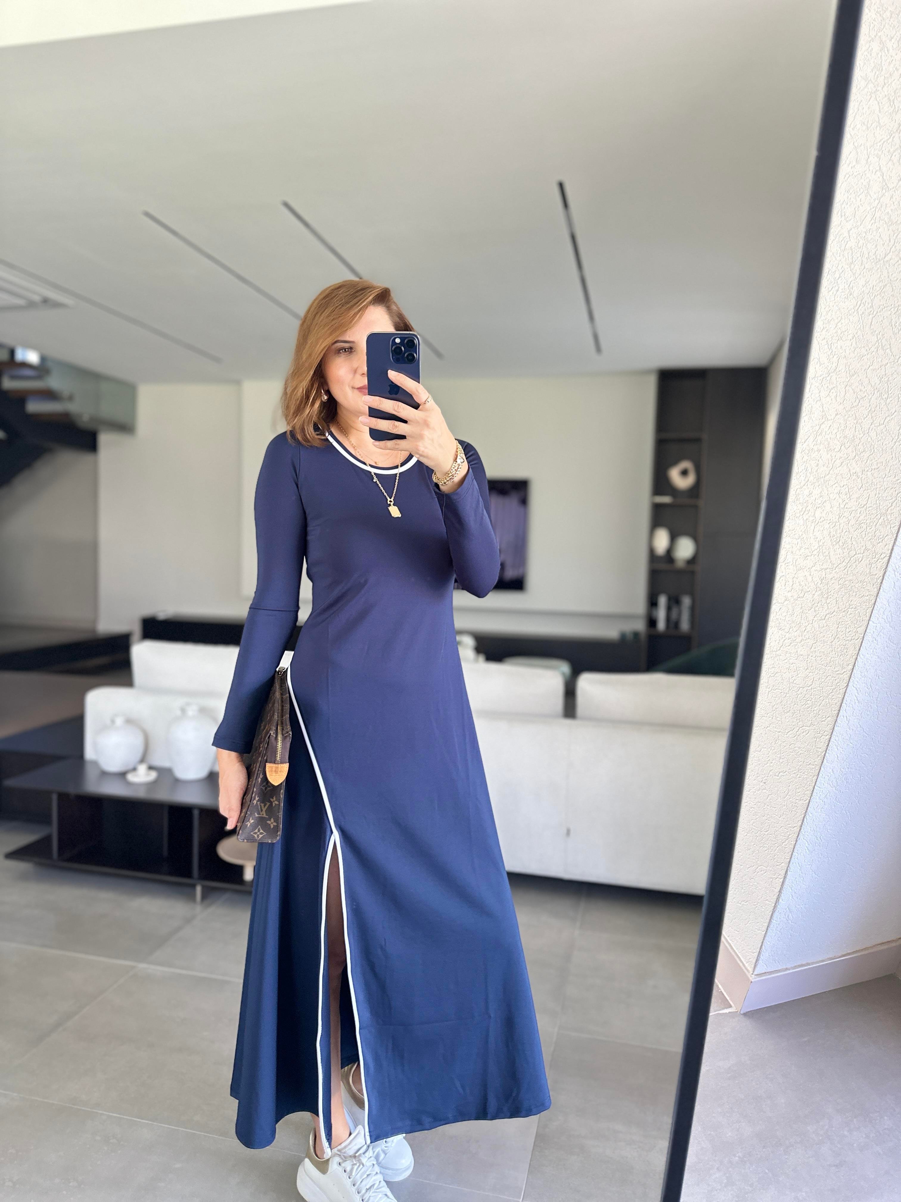 Lacivert Modal Biye Detaylı Yırtmaçlı Elbise
