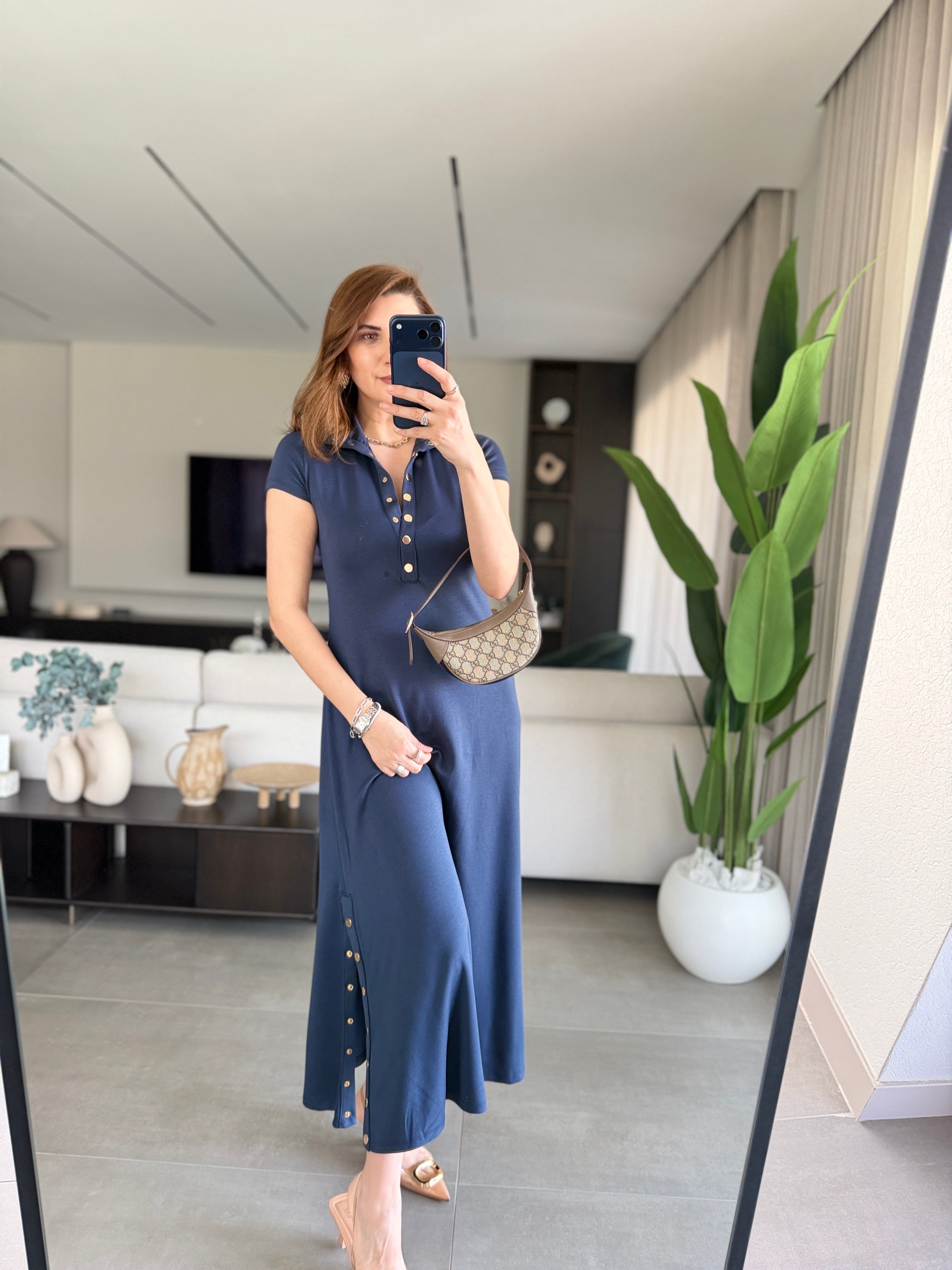 Lacivert Modal Çıtçıt Detaylı Elbise