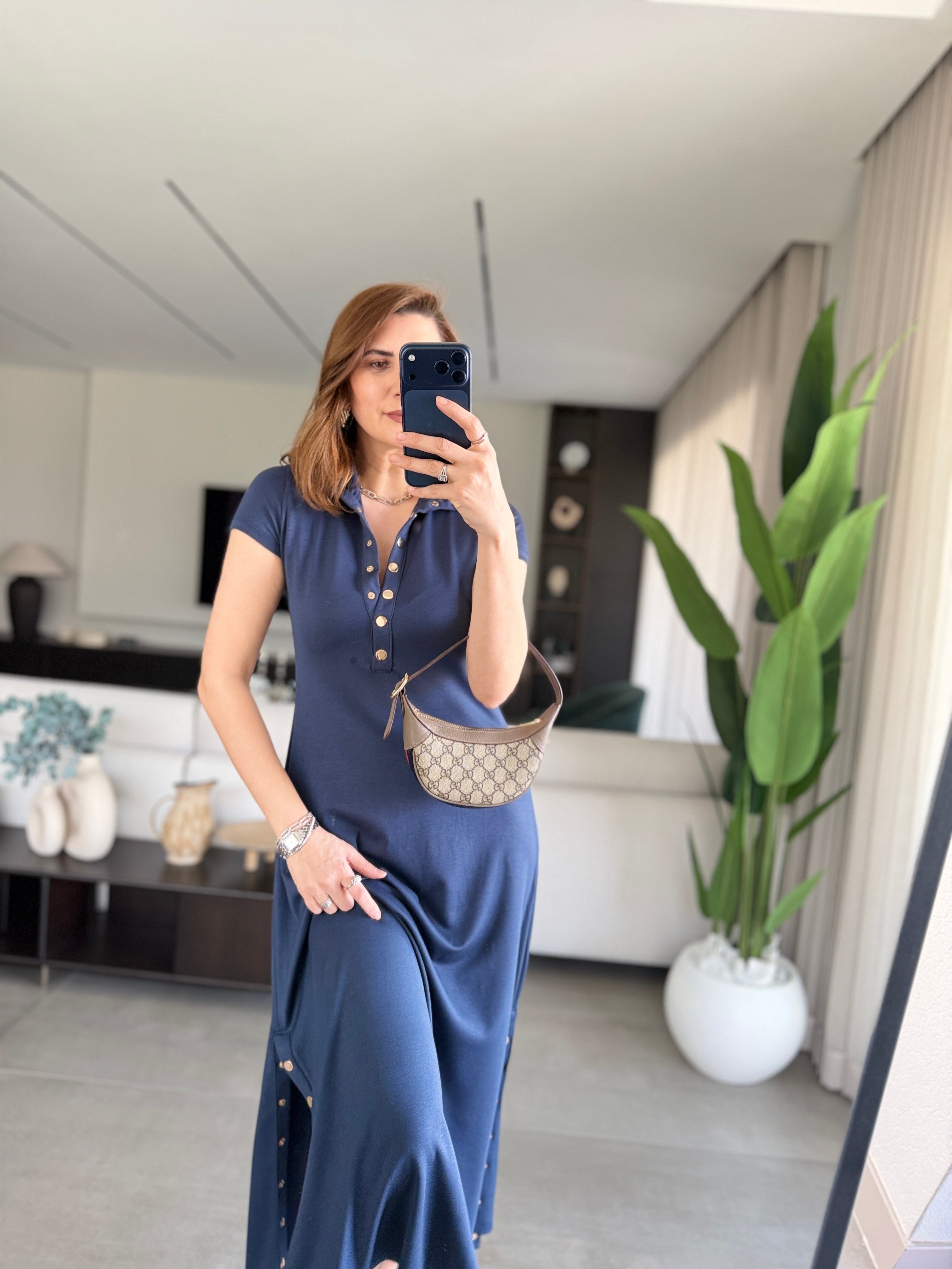 Lacivert Modal Çıtçıt Detaylı Elbise