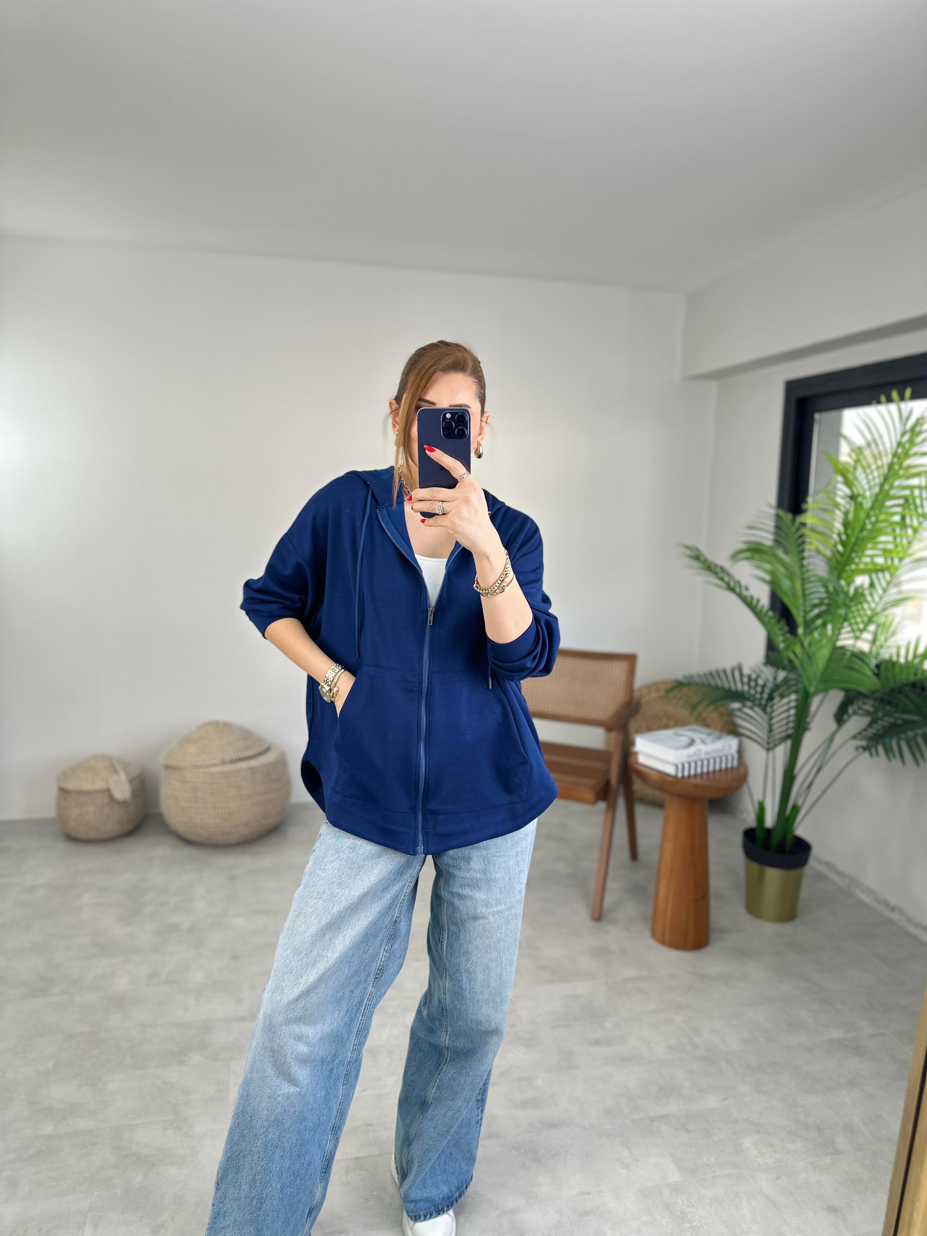 Lacivert  Modal Fermuarlı Oversize Ceket