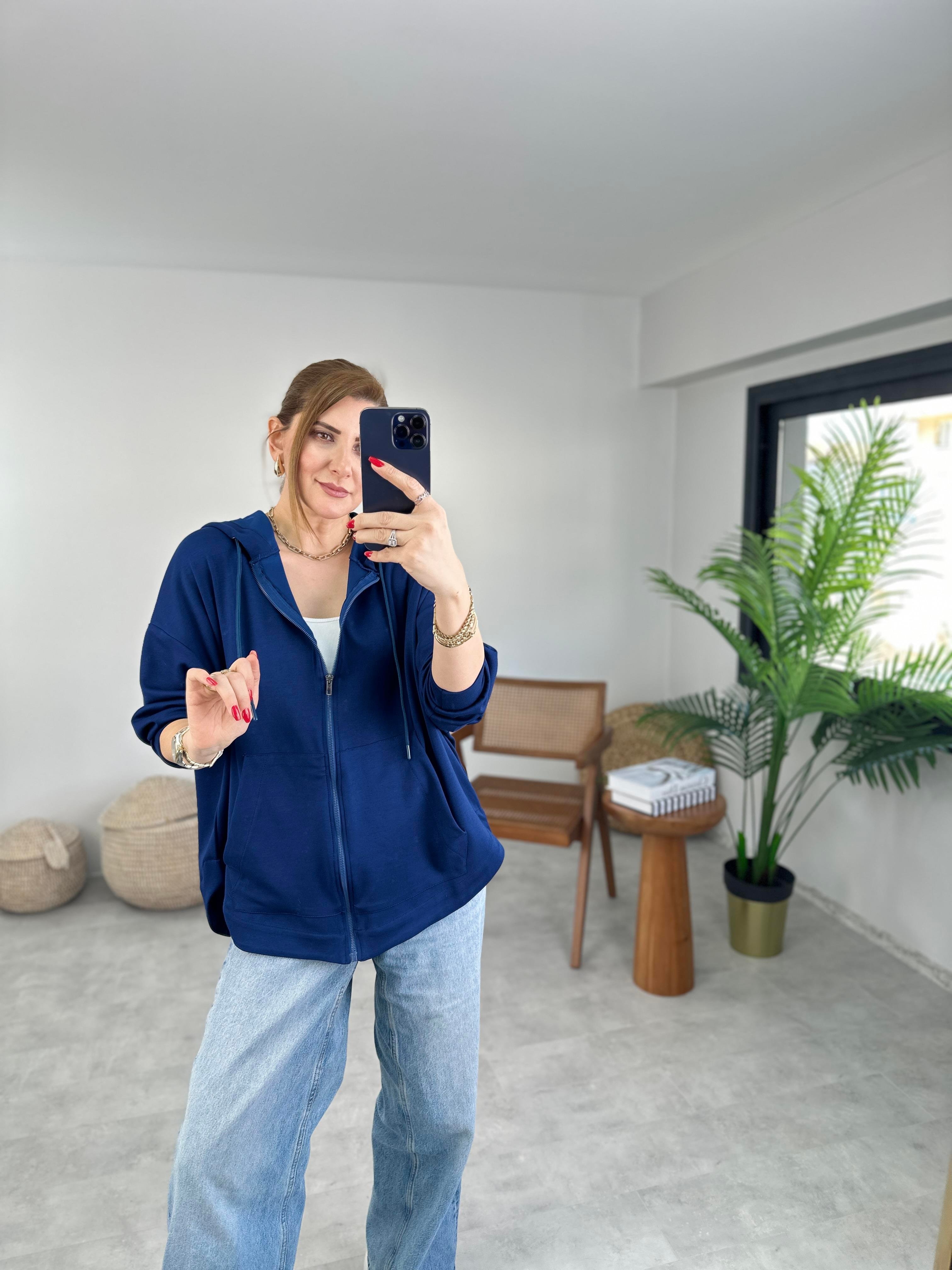 Lacivert  Modal Fermuarlı Oversize Ceket