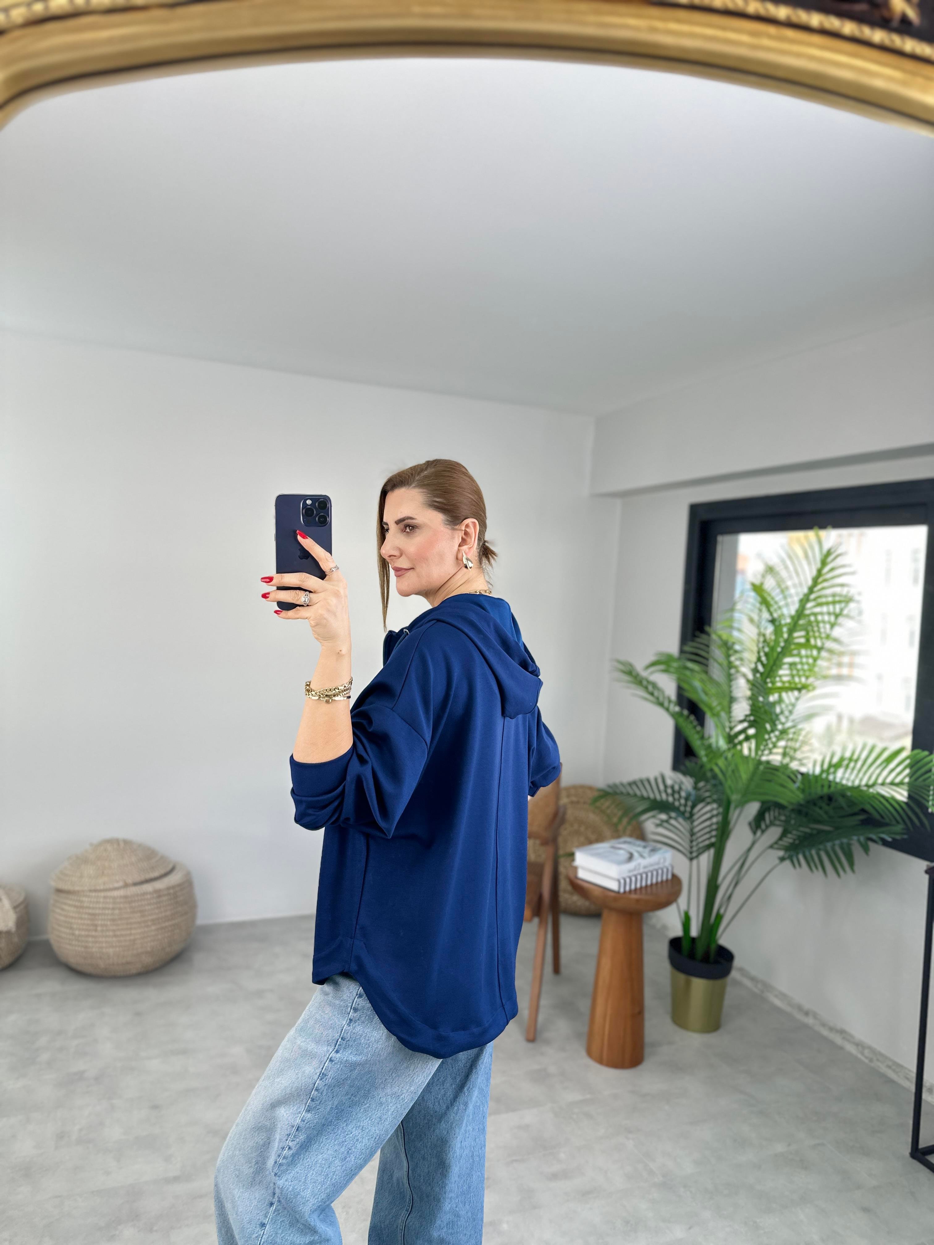 Lacivert  Modal Fermuarlı Oversize Ceket