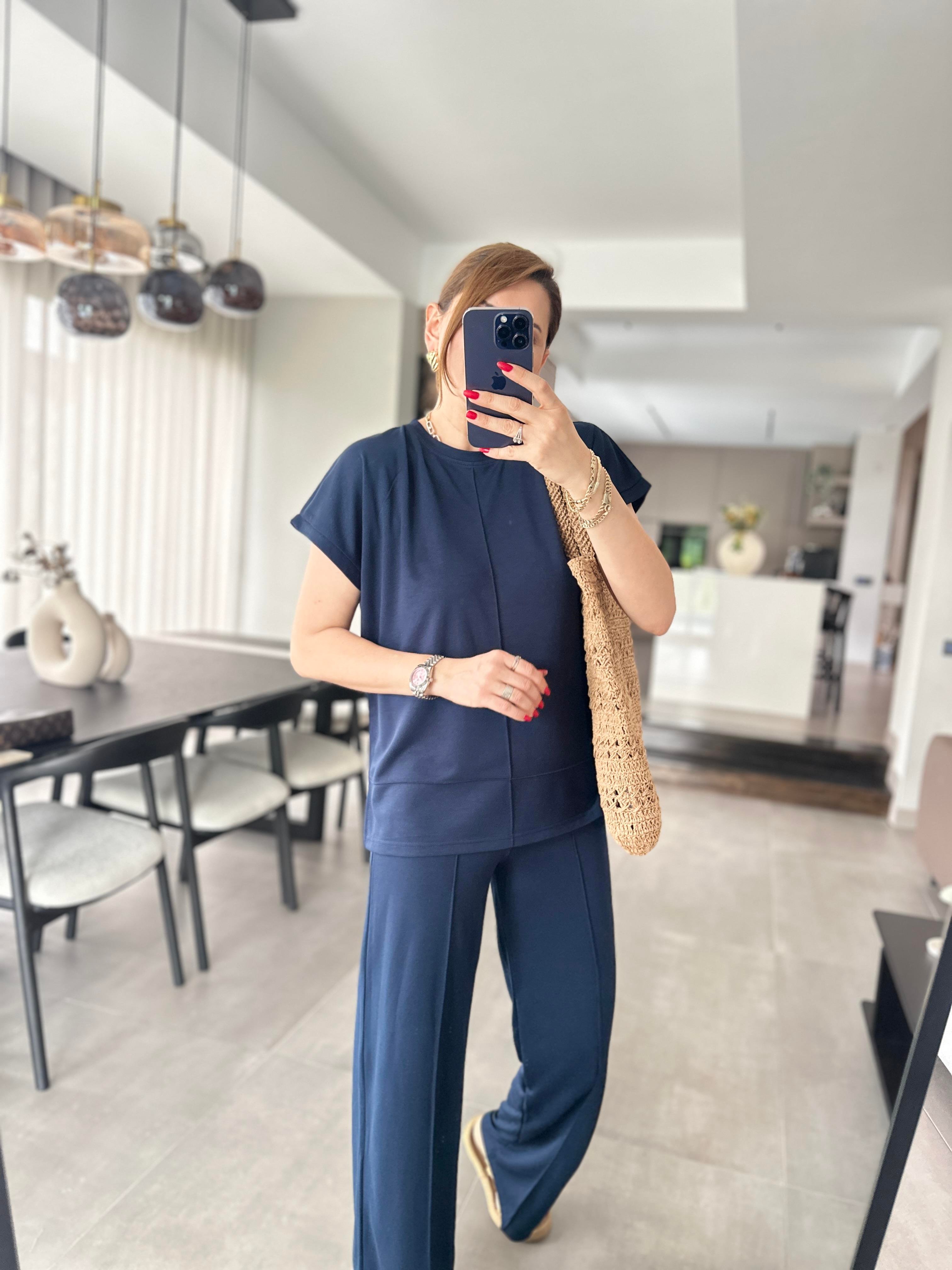 Lacivert Modal Kumaş Çımalı T-Shirt Pantolonlu Takım