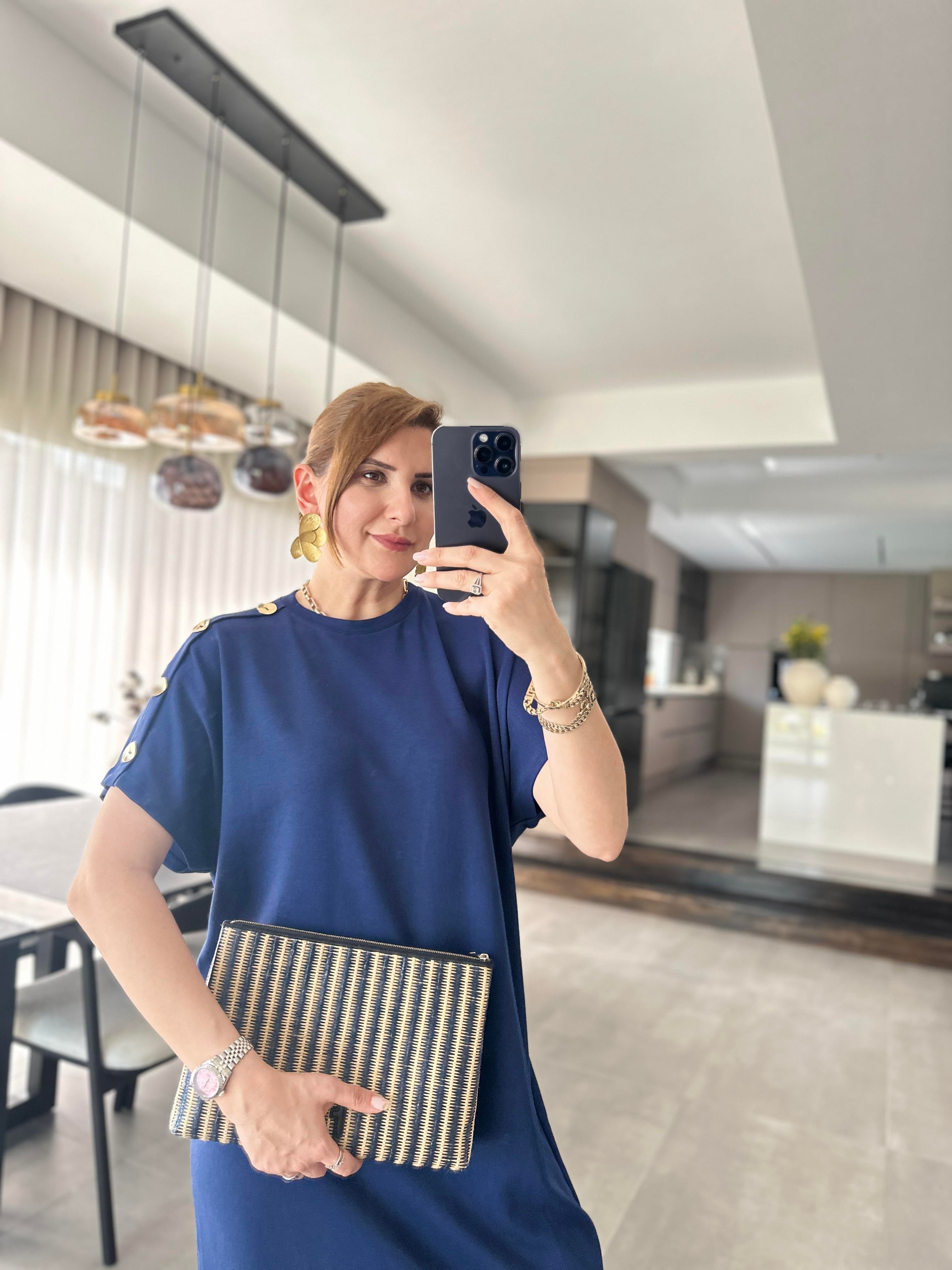 Lacivert Omuz Düğmeli Modal Elbise
