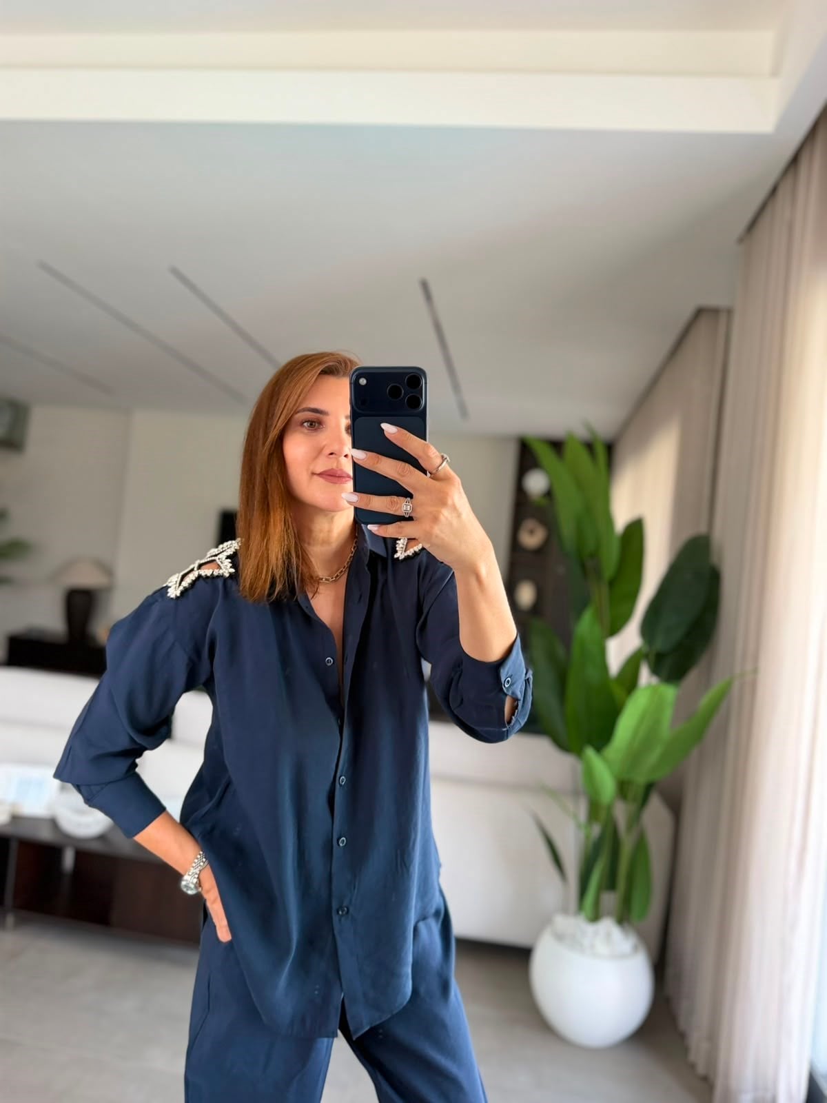 Lacivert Omuz Taşlı Gömlek Takım