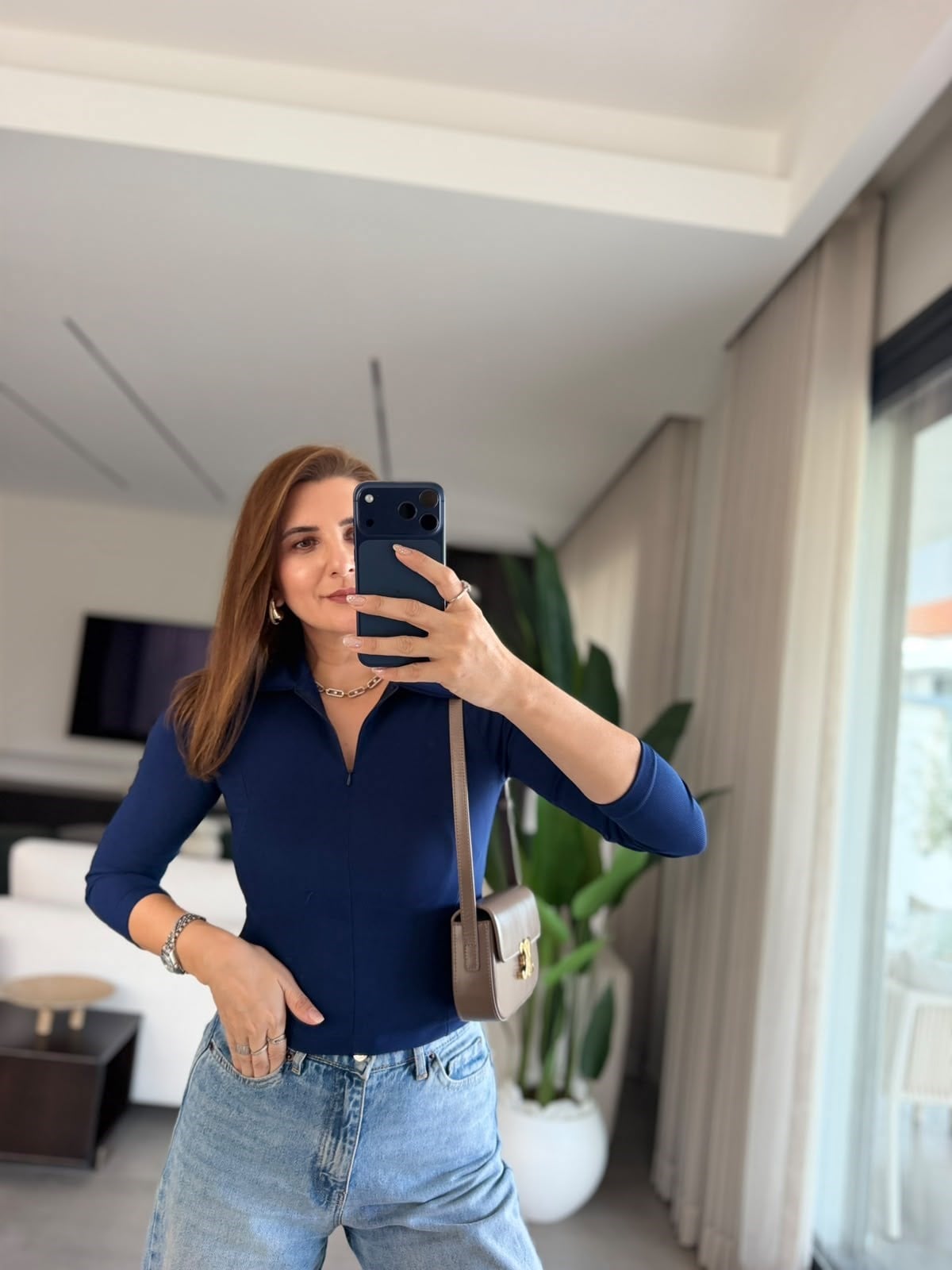 Lacivert Ottoman Gizli Fermuarlı Yakalı Bluz