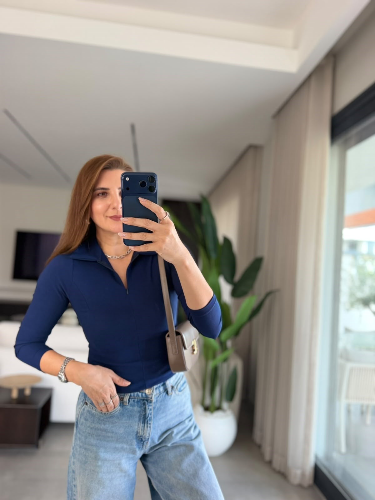 Lacivert Ottoman Gizli Fermuarlı Yakalı Bluz