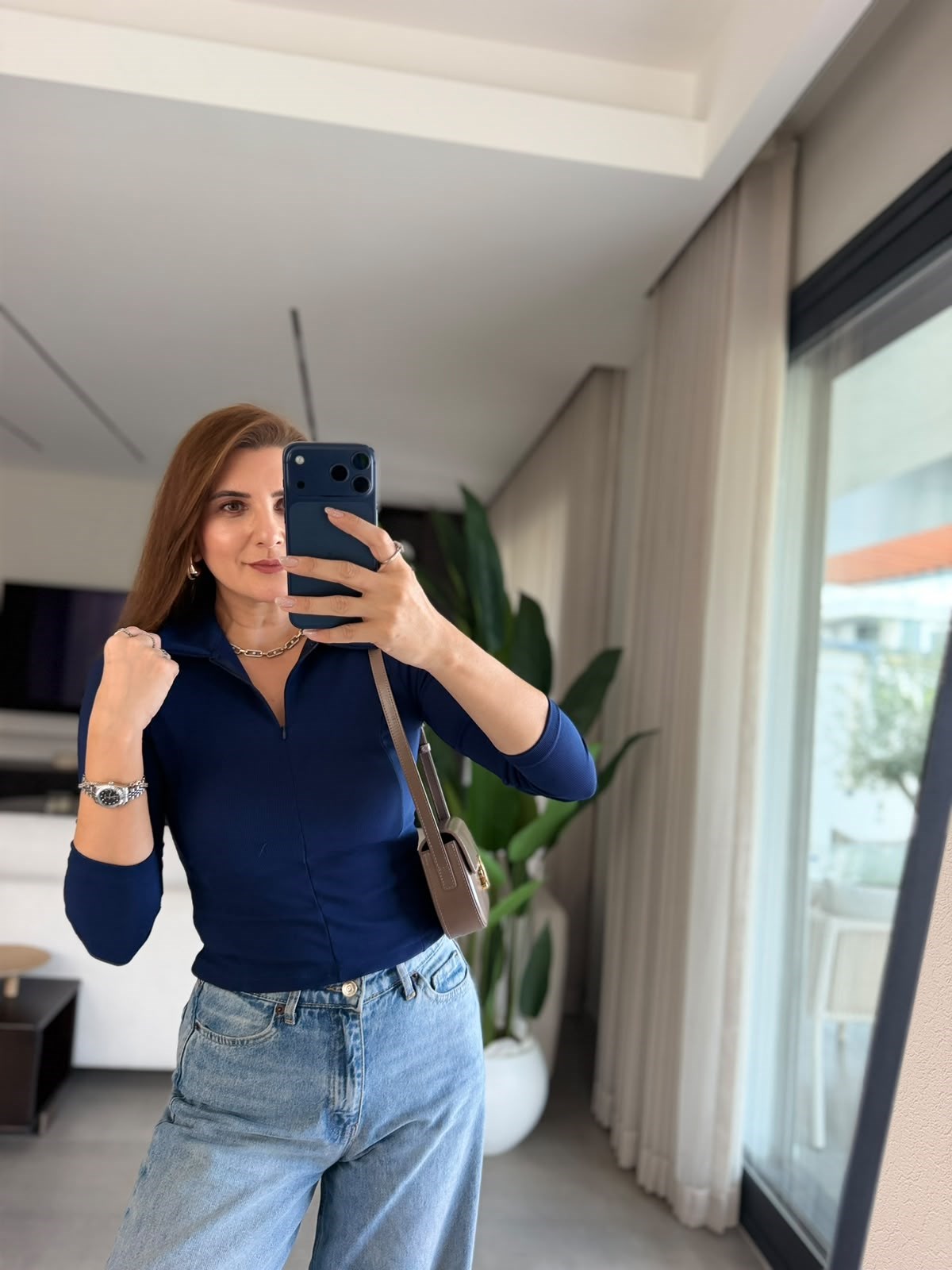 Lacivert Ottoman Gizli Fermuarlı Yakalı Bluz