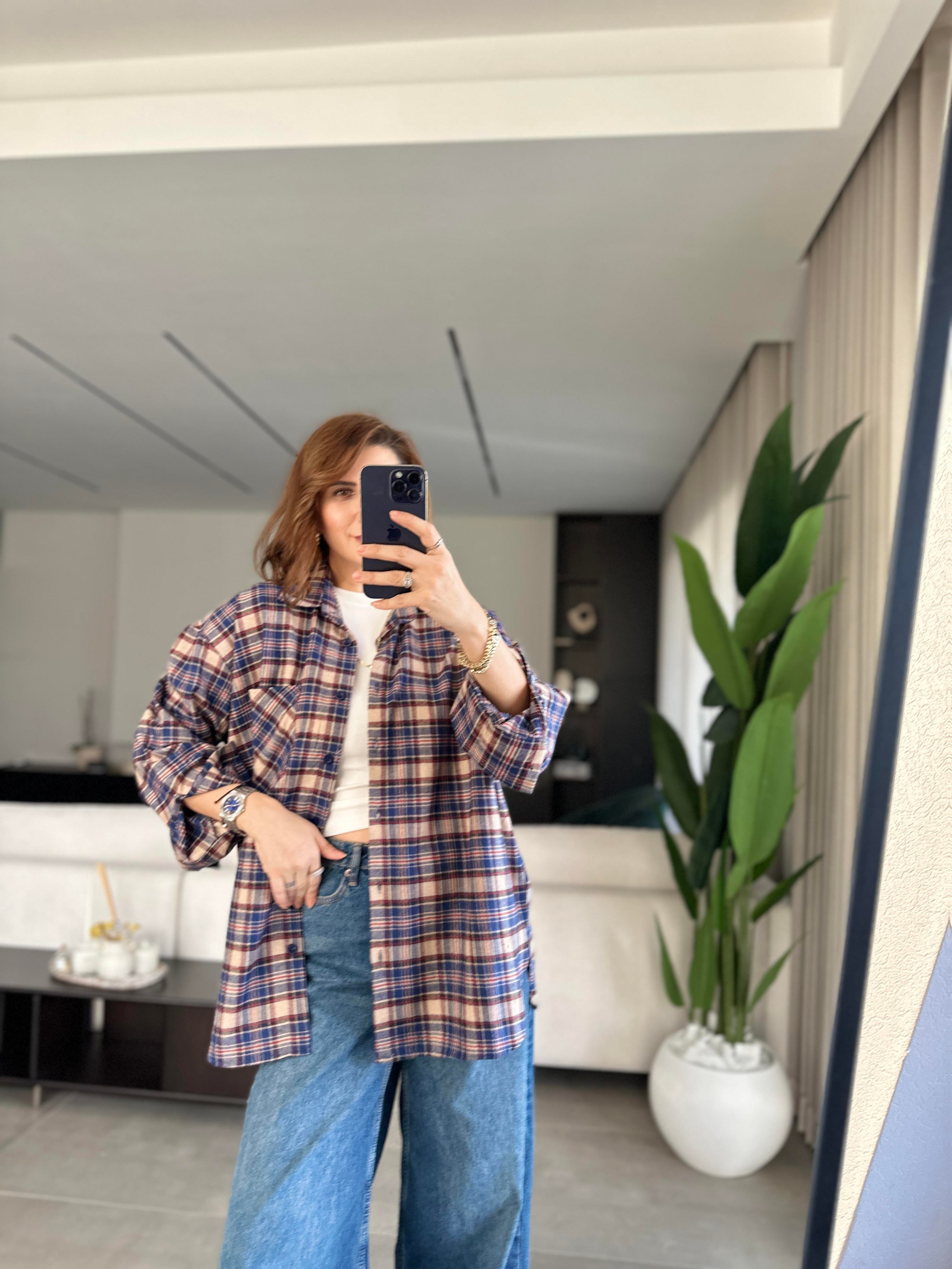 Lacivert Oversize Ekoseli Gömlek